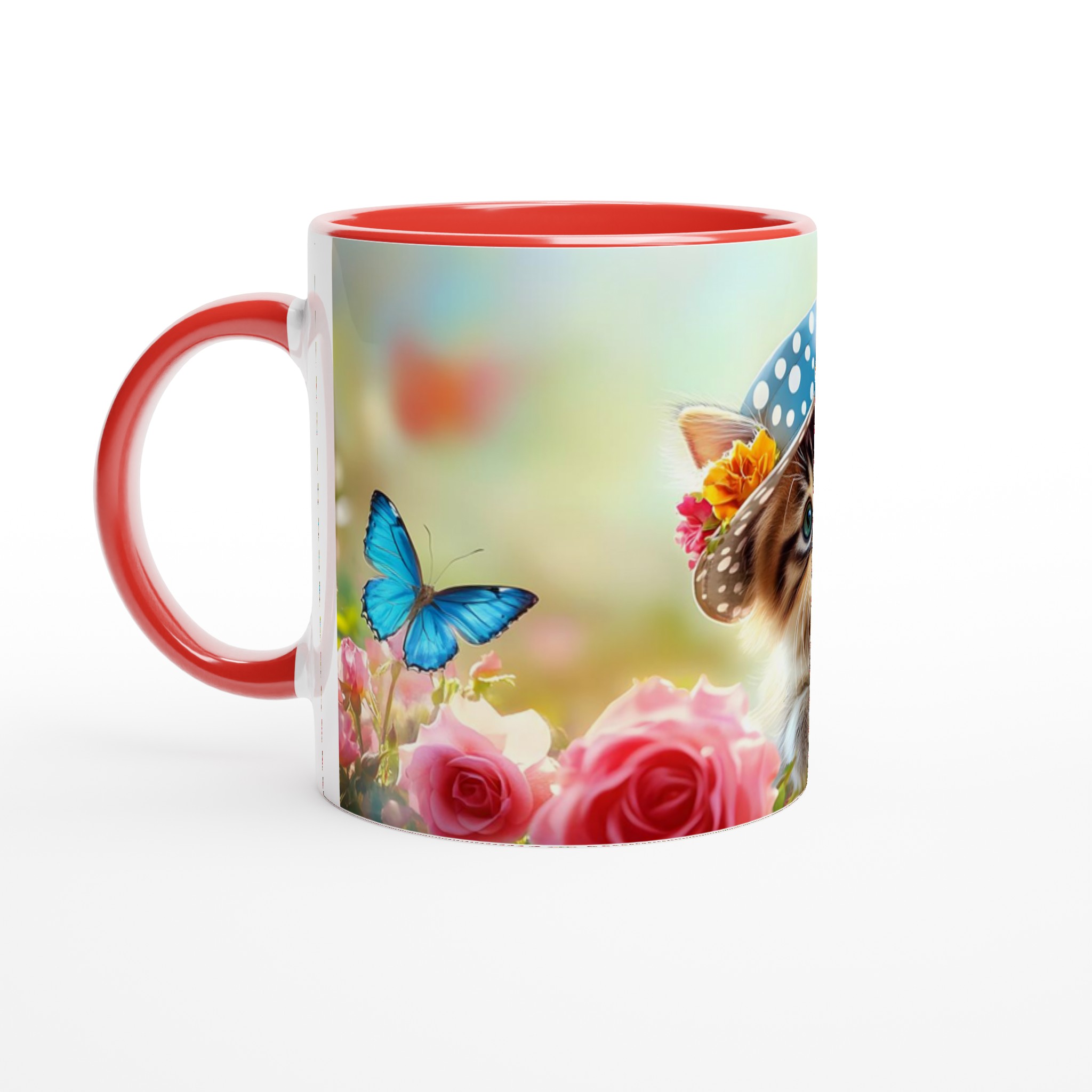 Söt kattunge i trädgård keramisk mugg – charmiga blommor och fjärilar – Välj din favoritfärg! 2 4ecb307f-2fb1-4d0f-9f7b-61e8b94bd061