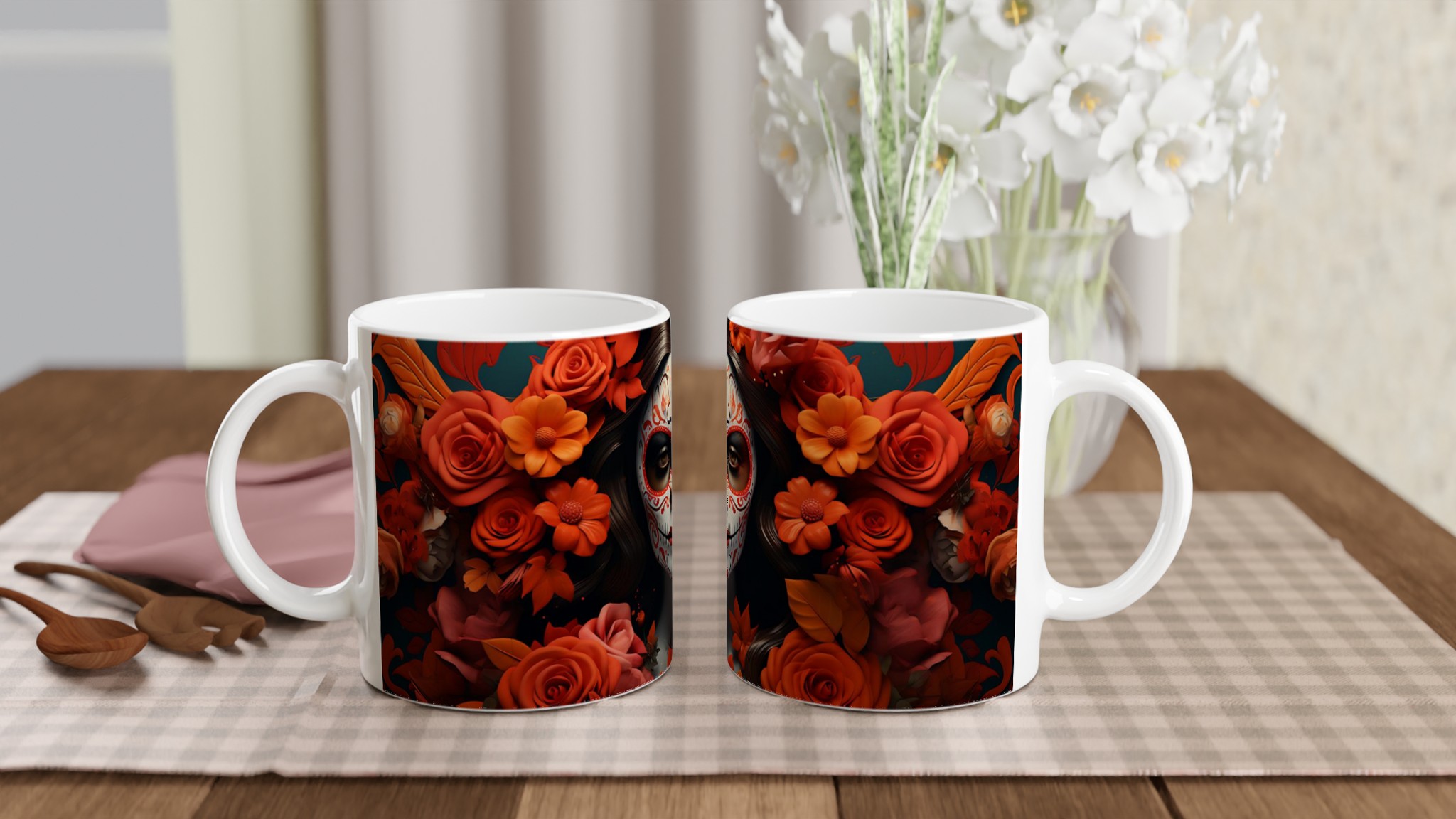 Dia de los Muertos Keramikmugg - Skulls & Rosor | 11oz Kaffemugg i 7 Färgval 10 4f9f40ba-bdd4-40d5-bedf-7374c7a023f0