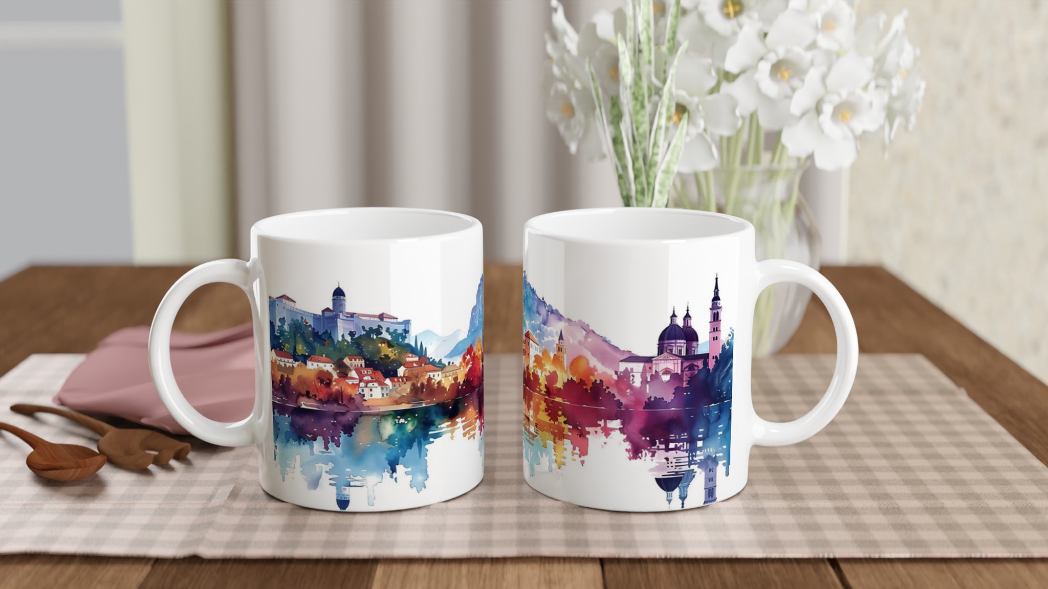 Aquarell Stadsvy Mugg – Konstnärligt Charmig Keramikmugg i ditt val av färg 10 50094ef0-7eb2-4cea-85ba-3a3b304503ad