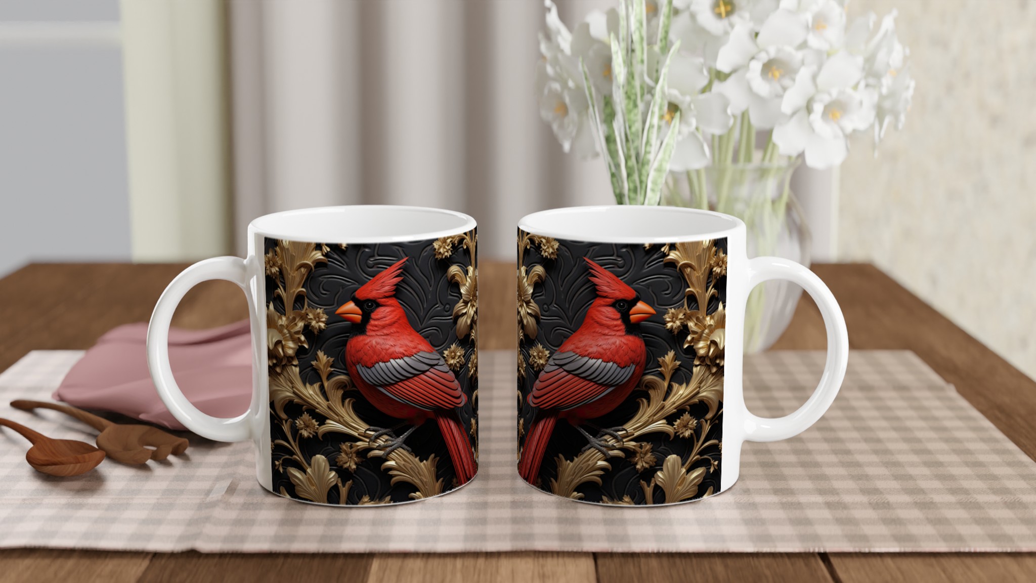 Elegant 11oz Ceramic Mug with Regal Red Cardinal & Gold Flourish Design 10 51e2a9c9-c811-487d-9fe1-ff4dc813da10
