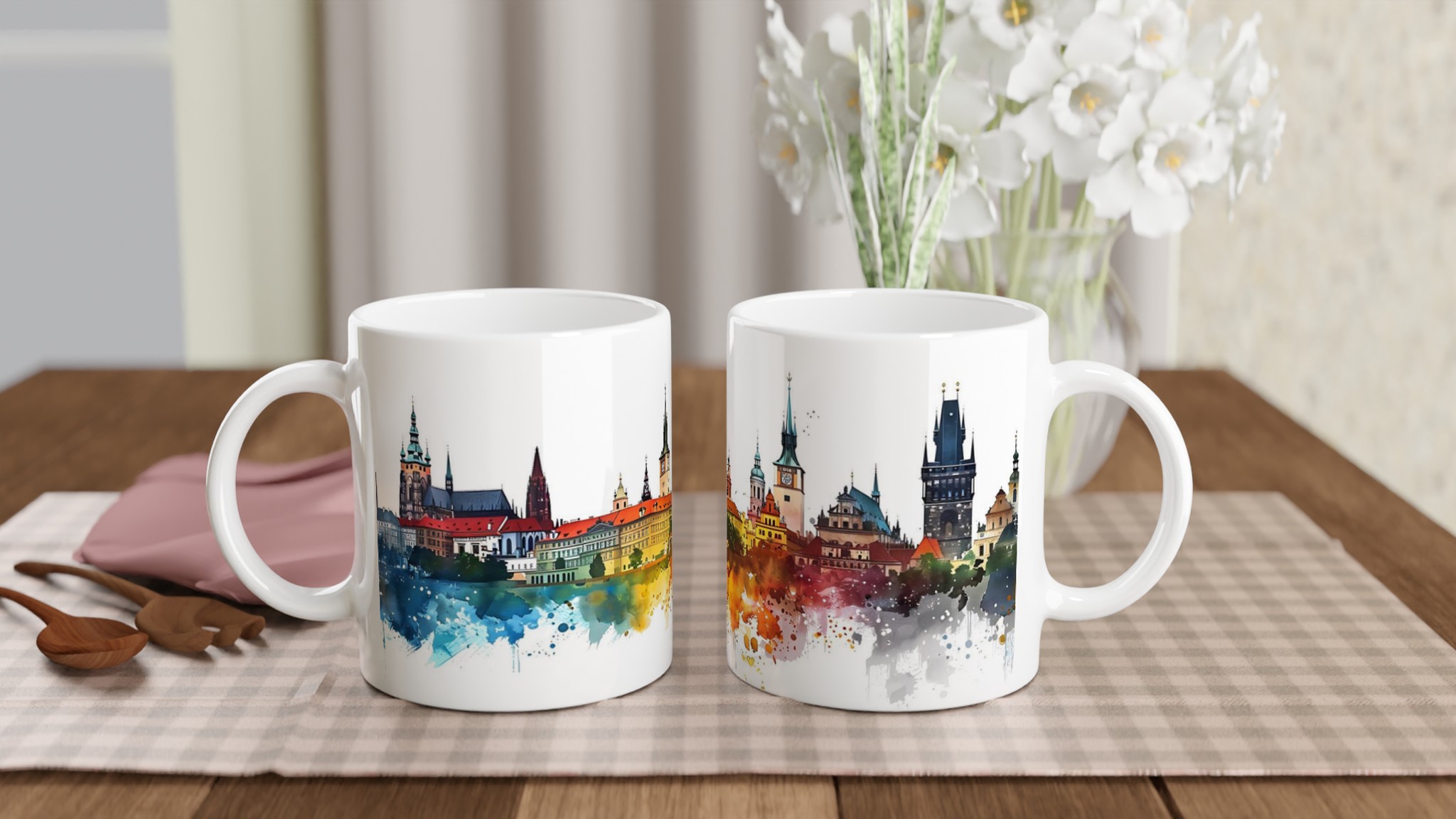 Prag Watercolour Cityscape Mugg - 11oz Keramikmugg med Färgstarkt Vattenfärgstryck 10 53d34bb0-5cda-4fc7-9707-b53e28e090db