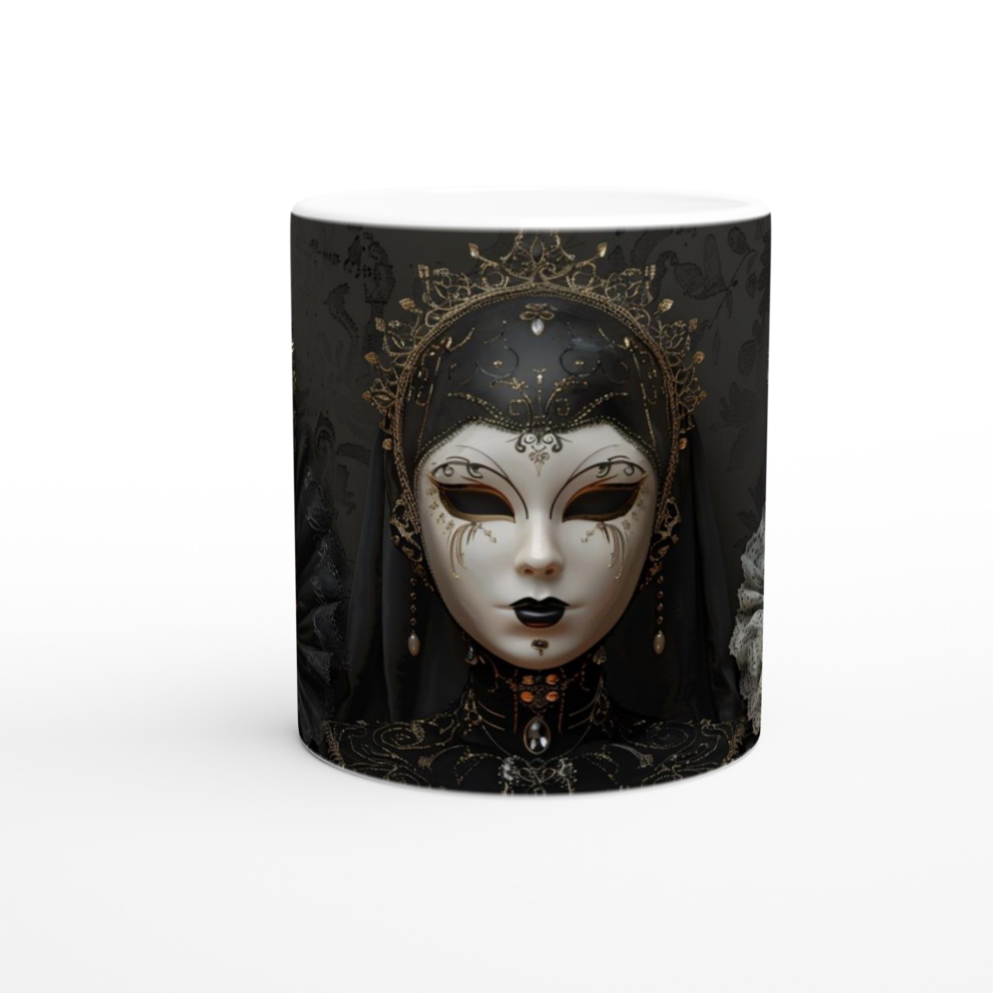 Vit 11oz keramisk mugg med dramatiskt venetianskt maskmotiv i elegant svart och guld 8 5530dfe4-28a7-4a47-90a9-b3b4baa3bcbe