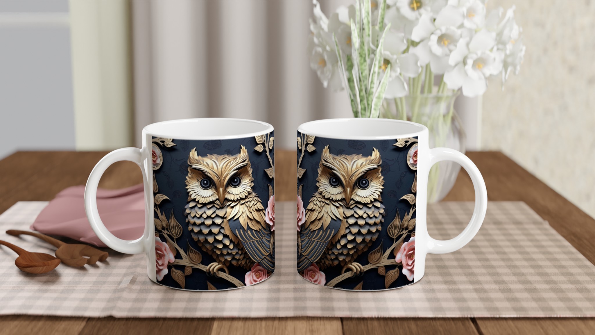 Vit 11oz keramisk mugg med elegant ugglemotiv och rosa blomsterdetaljer – välj din färg 10 595fd5fd-ecb9-43e7-bd6e-d2076c64a5ac