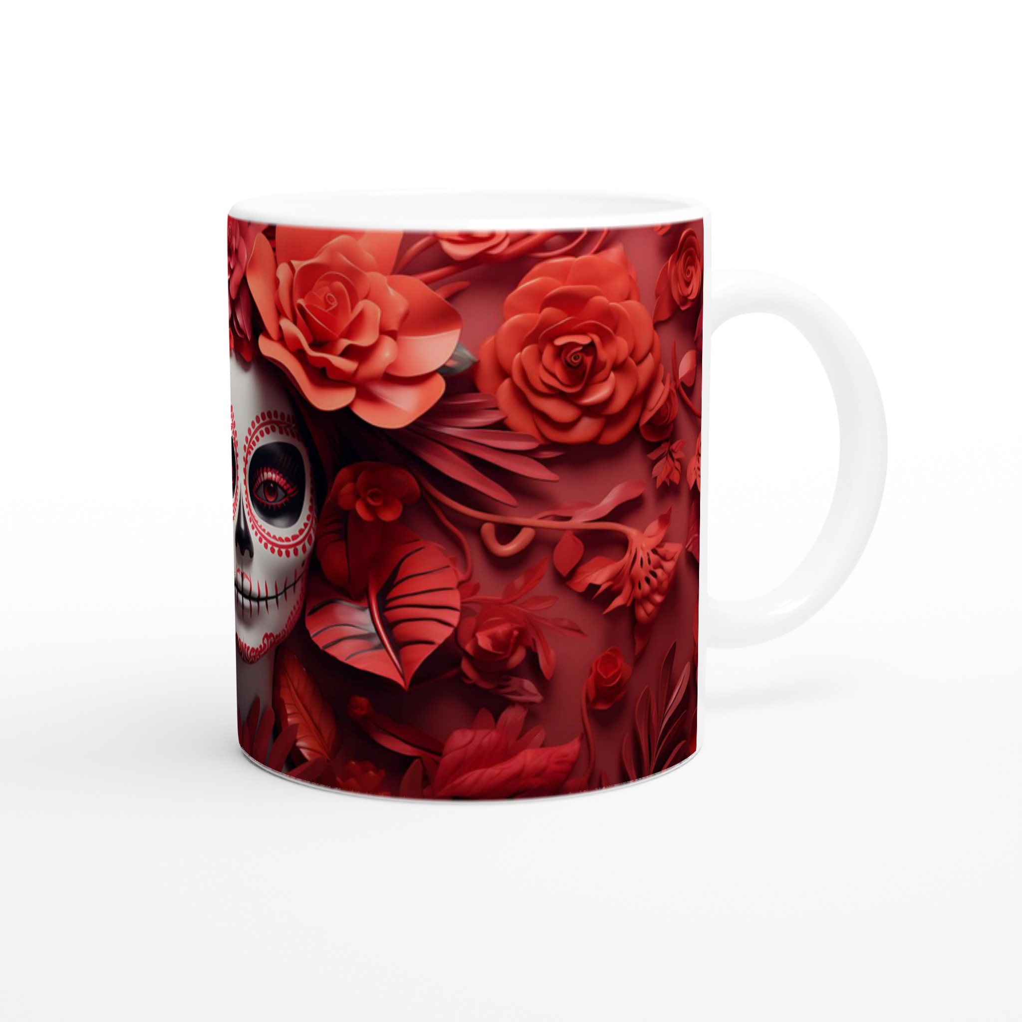 Dia de los Muertos Keramikmugg - Skalledesign med Röda Rosor, 11 oz 9 5becb18e-f739-4f68-95c0-dbe260980098