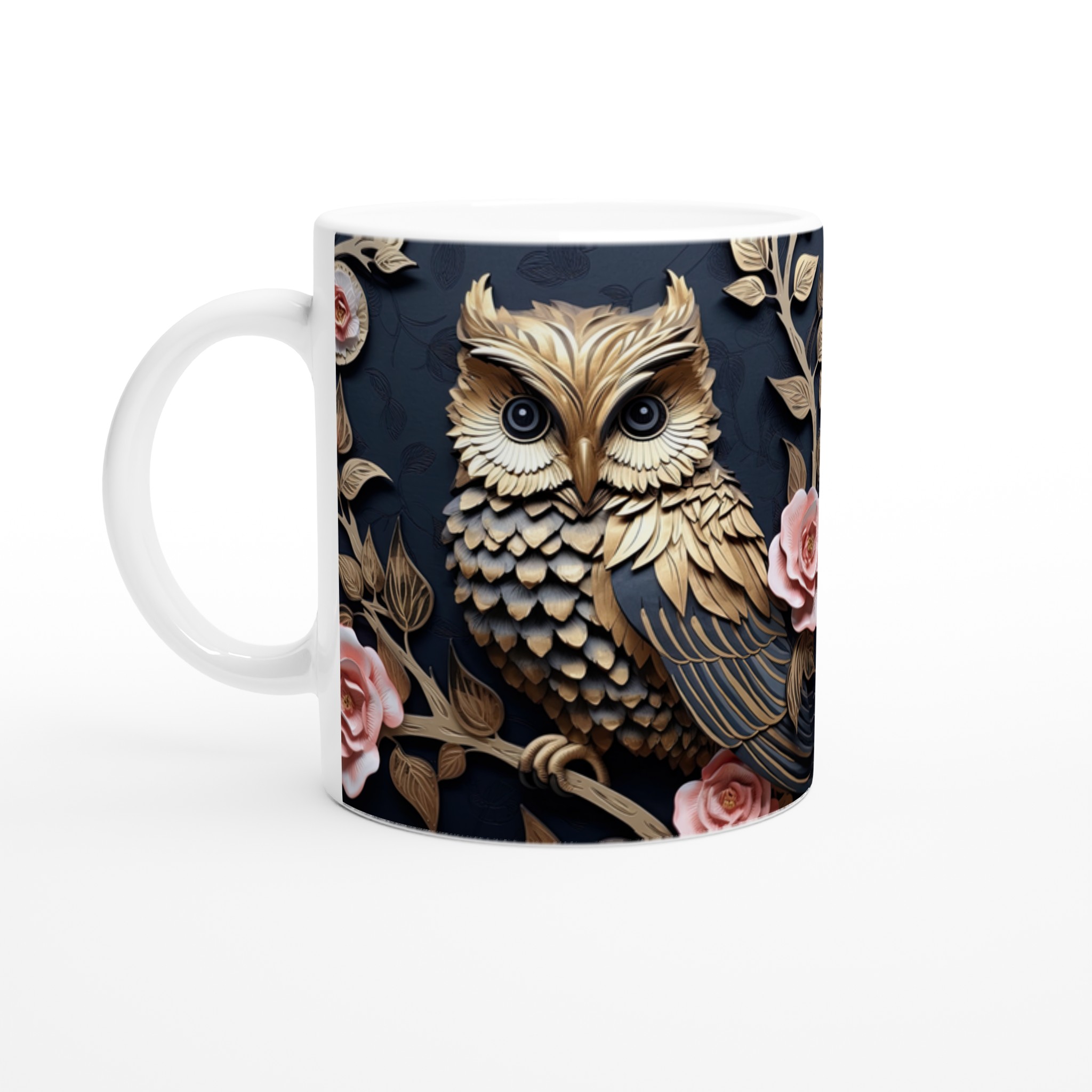 Vit 11oz keramisk mugg med elegant ugglemotiv och rosa blomsterdetaljer – välj din färg 1 5ec051be-8e3b-4857-b75f-74d5773a749b