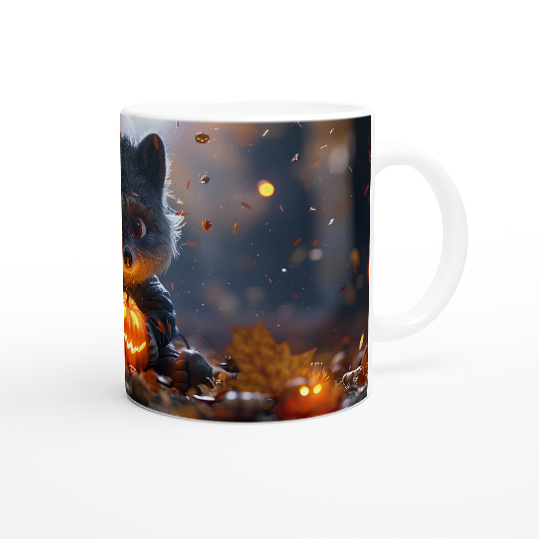 Mysig Halloween Raccoon Mugg - Förtrollande Pumkin Design på 11oz Keramikmugg i ditt val av färg 9 61349062-e28e-4ba6-9130-9ca925412570