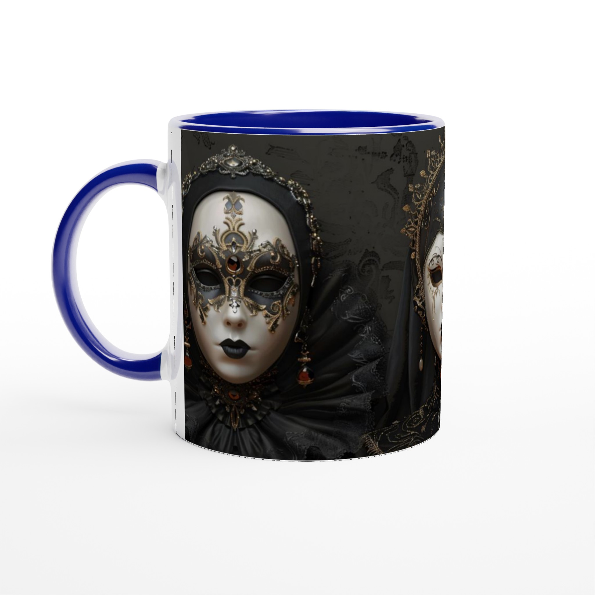 Vit 11oz keramisk mugg med dramatiskt venetianskt maskmotiv i elegant svart och guld 4 61a23381-f49a-497c-80c8-eba8115e30c3