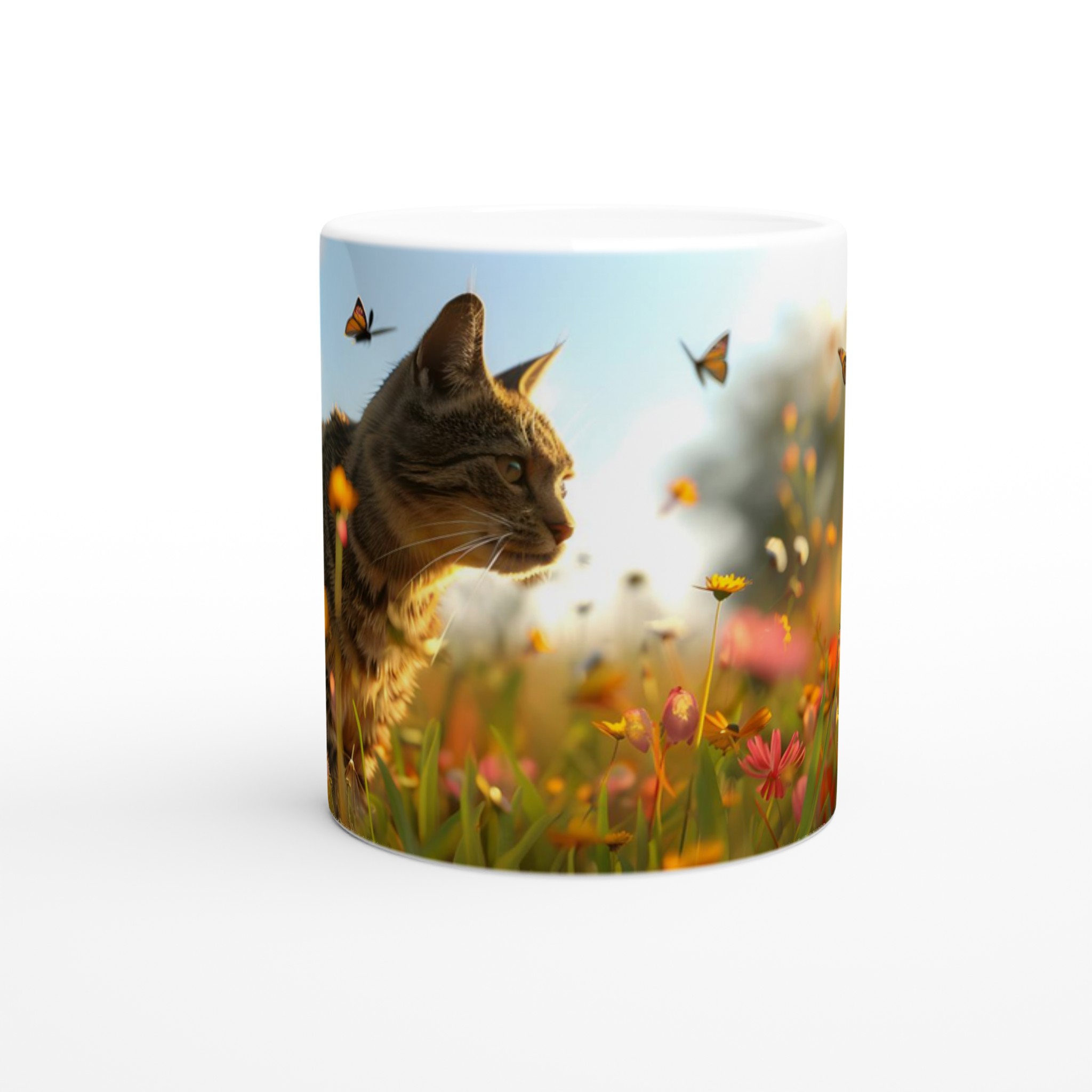 Katt bland sommarblomster – Vit 11oz keramikmugg i ditt val av sju livfulla färger 8 62bc45f9-86ce-403e-8ab0-f21a0f71e5b6