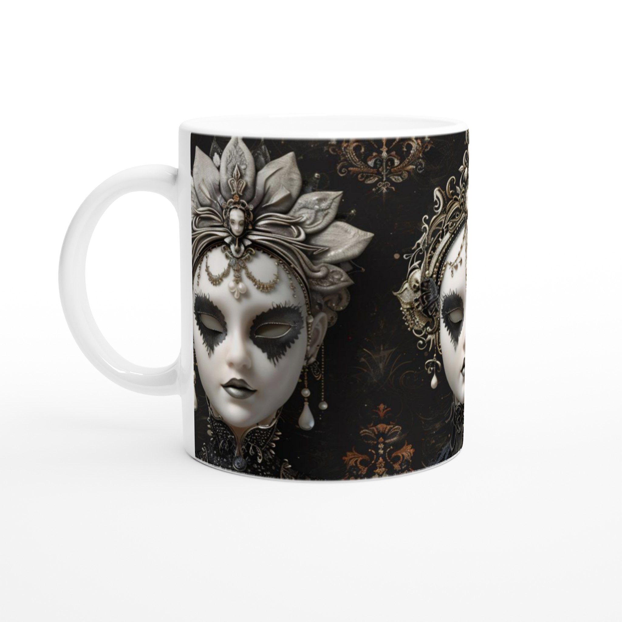 Vit 11oz keramisk mugg med gotiskt maskmotiv – välj din favoritfärg för en dramatisk stil 1 631ce013-7ba7-447d-94de-baadfd72a9d9