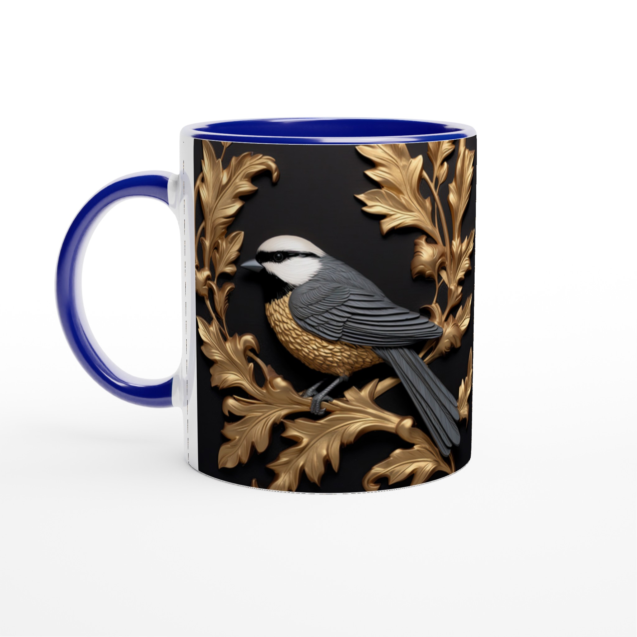 Vit 11oz keramisk mugg med elegant fågel- och lövdesign i guld och grått – välj din favoritfärg 4 63d984f4-0aec-4ce2-8369-27ea2899d1be