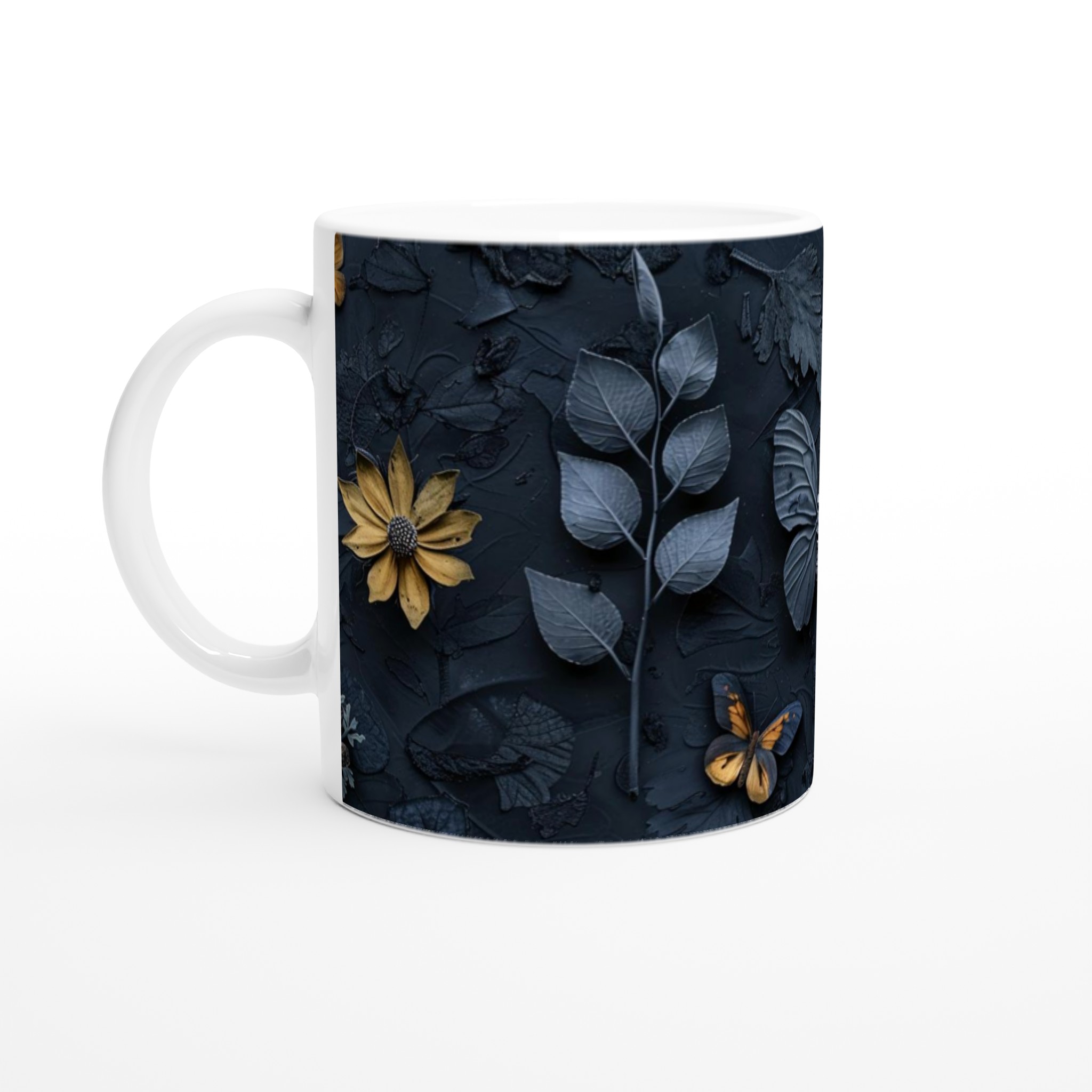 Elegant Vit 11oz Keramisk Mugg med Stilfull Mörk Blå & Gyllene Naturdesign – Finns i Flera Färger 1 66234759-c50d-4e23-a8ec-428b07182a4d