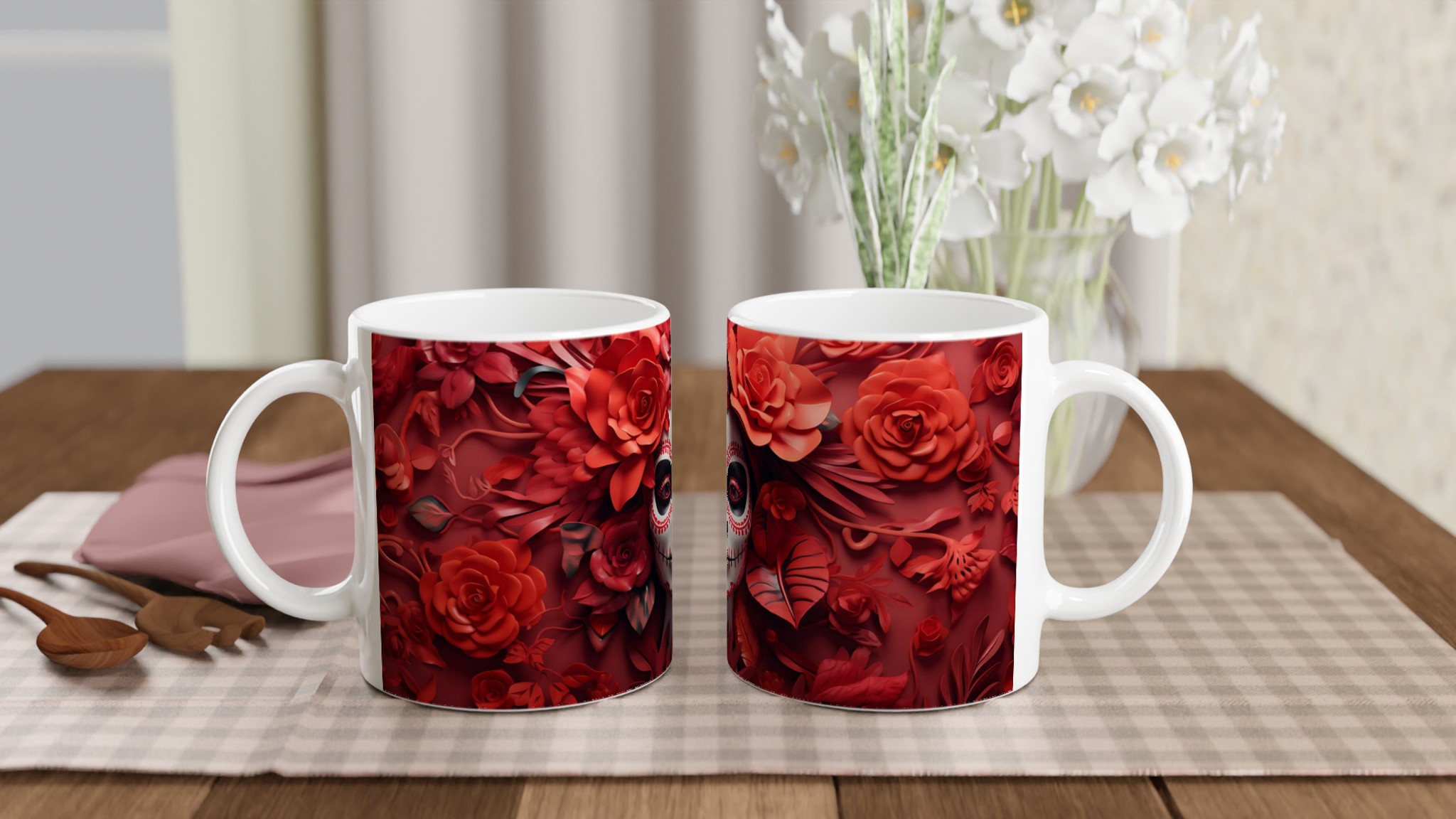 Dia de los Muertos Keramikmugg - Skalledesign med Röda Rosor, 11 oz 10 69be3253-b7e8-4203-8d1e-ca526283715c