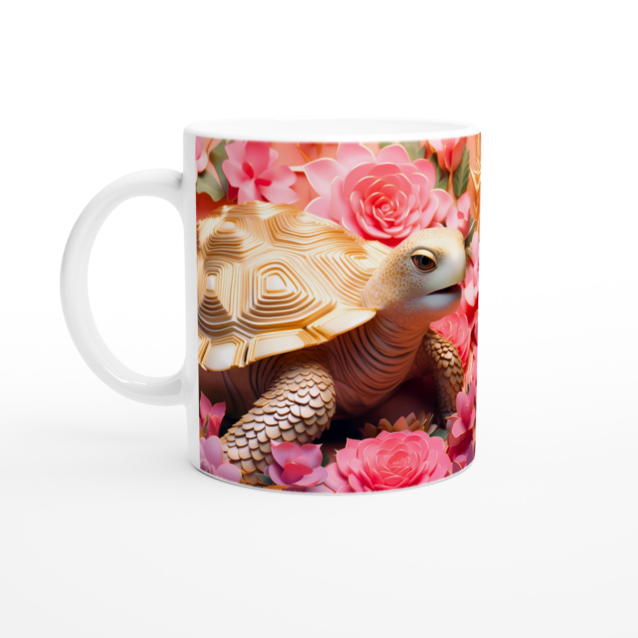 Lyxig Sköldpaddsmugg: Gulddetaljer & Rosa Blommor – 11oz Keramikmugg i Valfri Färg 1 6a7676d6-ab32-426d-af8f-6523c9134caa