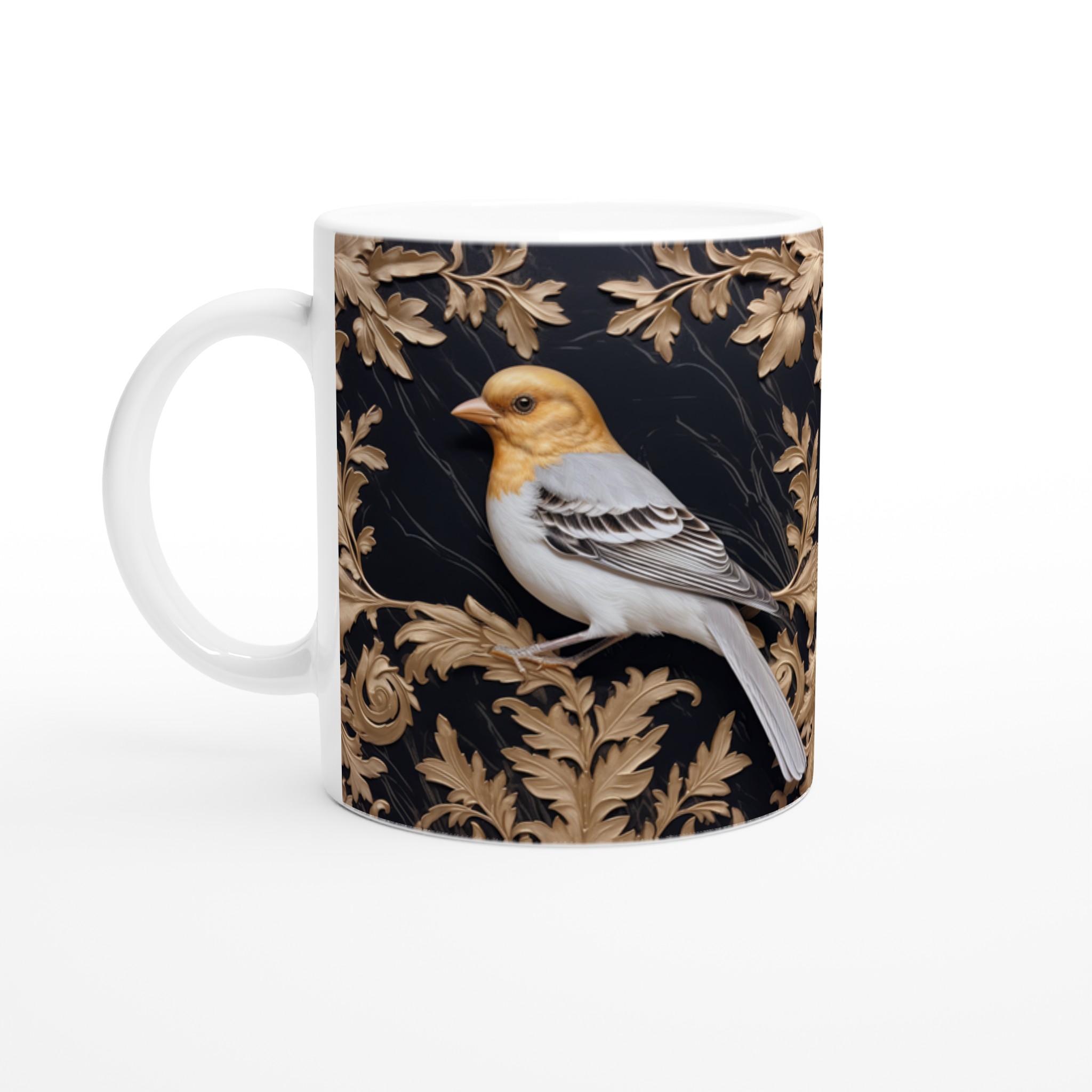 Lyxig Fågelkonst Mugg – 11 oz Keramisk Kaffemugg med Gyllene Bladverk, Välj bland 7 Eleganta Färger 1 6b7c761d-6d12-4db7-9d6a-fe0fbaaedda3