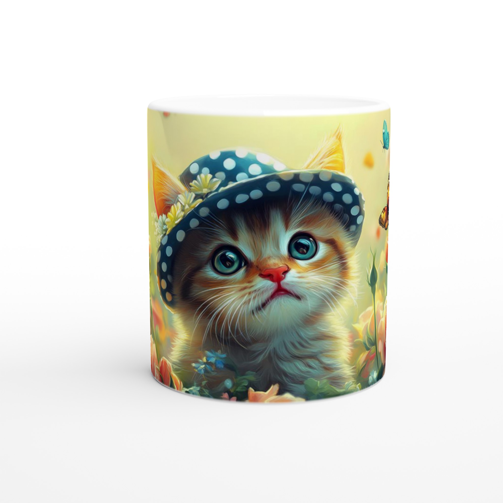 Söt kattunge i hatt & blommor 11oz Keramisk Mugg – Drömscen i Pastell – Välj din färg! 8 6e919161-5318-44b0-90c5-da596888d67d