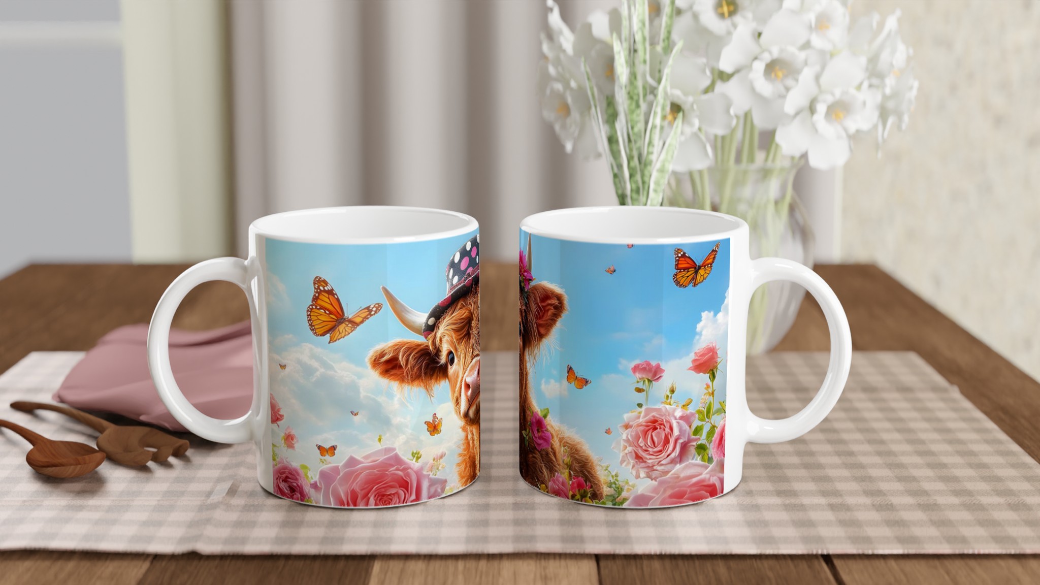 Charmig Highland Ko Mugg - Söt Djurdesign med Rosa Rosor och Fjärilar, i Ditt Val av Keramiska Färger 10 70894283-d546-4e98-8dc6-75ff109f084a