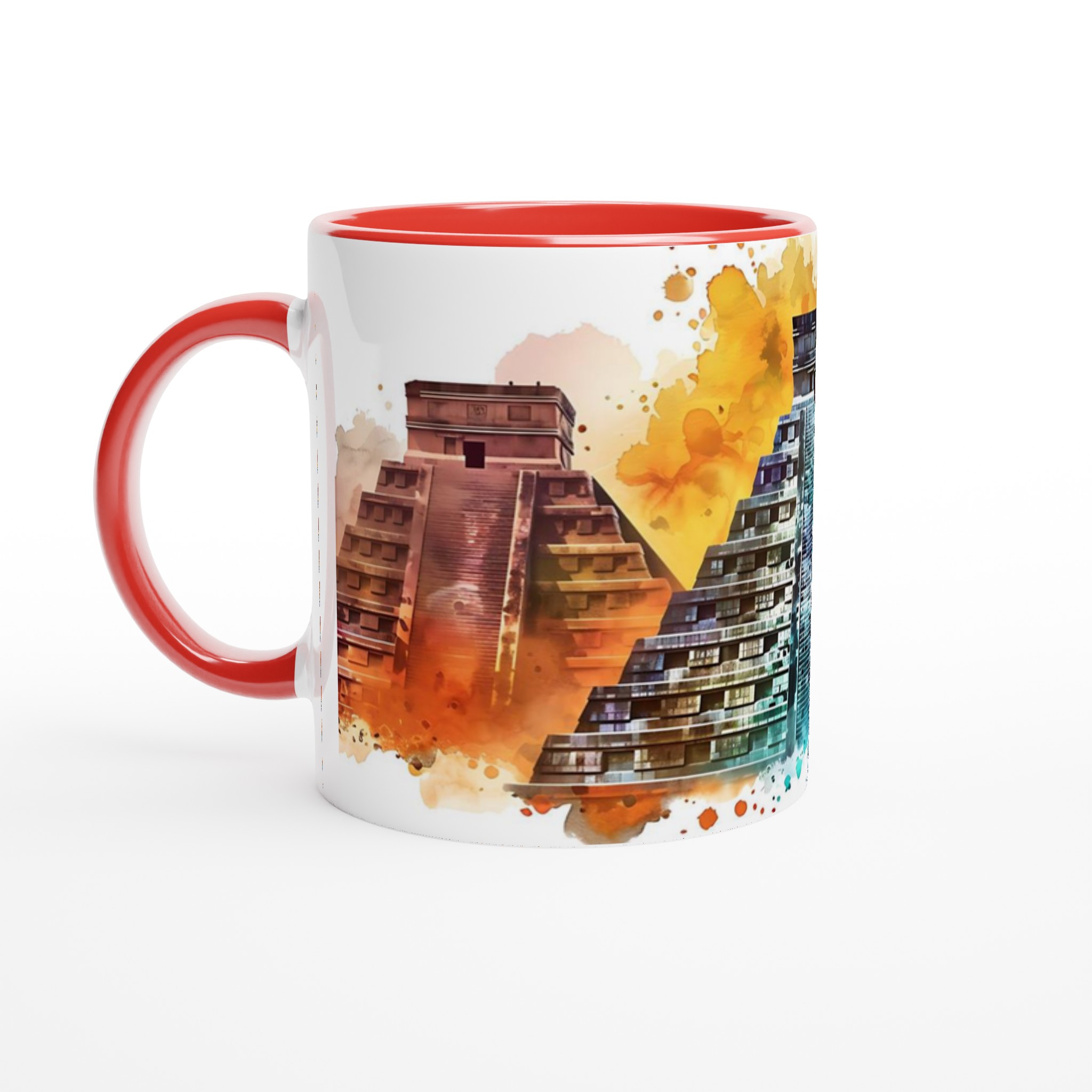 Mångfärgad Maya Pyramider 11oz Keramikmugg – Konstnärligt Vattenfärgsuttryck 2 71921013-73e4-4fd0-b304-1f5891c2d416