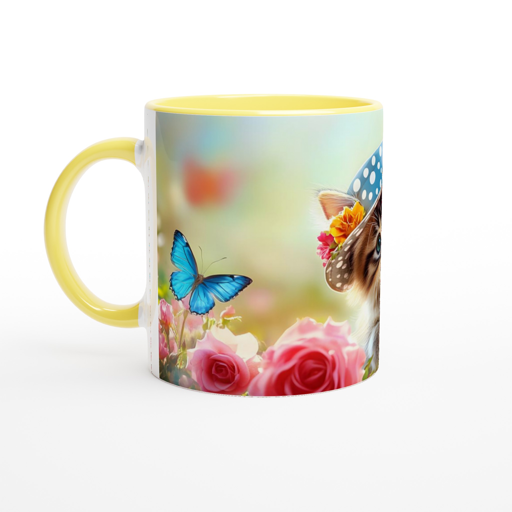 Söt kattunge i trädgård keramisk mugg – charmiga blommor och fjärilar – Välj din favoritfärg! 5 748b90a6-df0d-4546-bd90-2fa3f139bfe7
