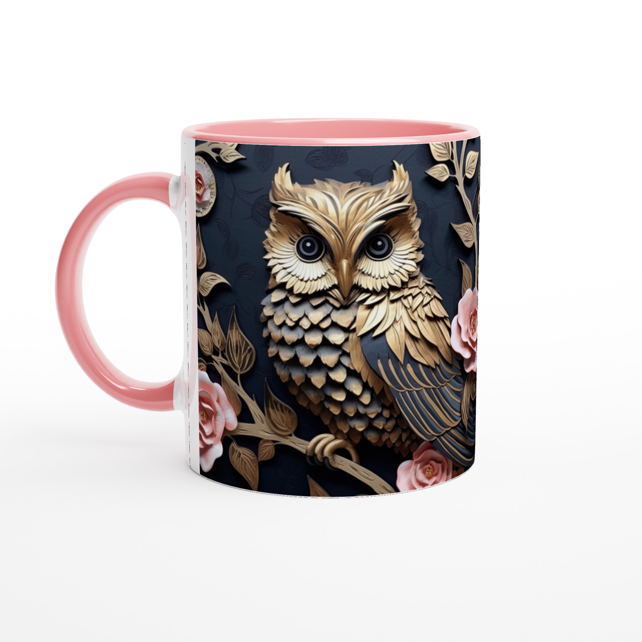 Vit 11oz keramisk mugg med elegant ugglemotiv och rosa blomsterdetaljer – välj din färg 6 74b354cb-5a23-42ec-9130-25f4ac2b90d5