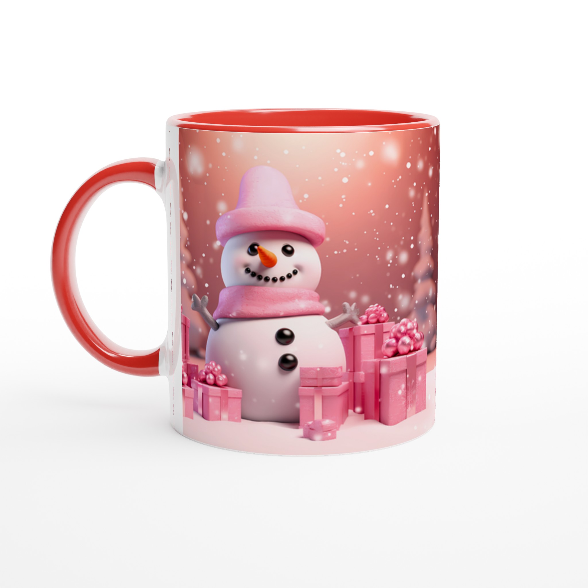Mysig Vintermugg: Rosa Snögubbe & Presenter – 11oz Keramikmugg för Julglädje och Färgstarka Tryck! 2 76029f93-f541-4399-a33d-0d18153dd387