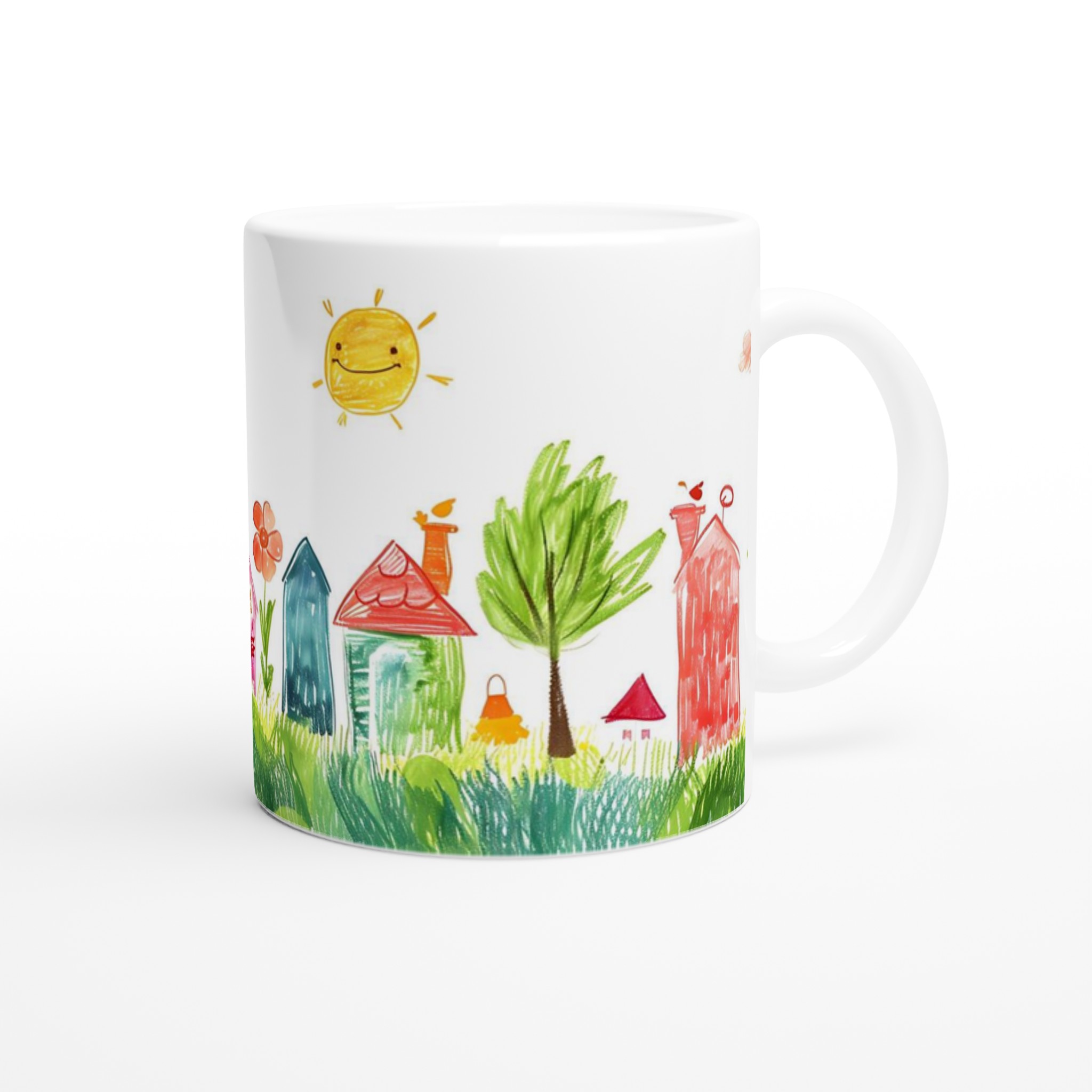 Drömvärld 11oz Keramikmugg – Färgglad Barnteckning med Hus & Sol, välj din färg! 9 767e1af8-7b61-47a5-a938-30b1c1f93c2d