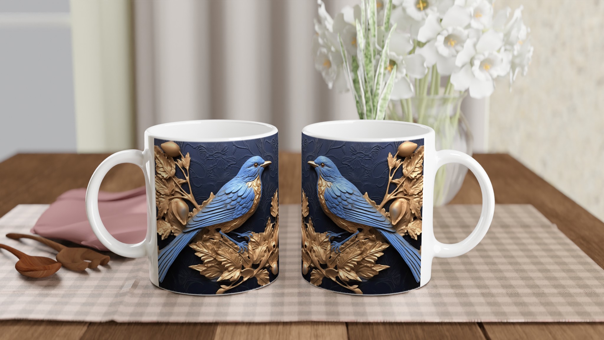 Royal Bird Song Keramikmugg – Elegant Blåfågel & Guldblad Design, 11oz – Välj bland 7 Färger! 10 78584da5-c478-4c71-9280-e6de43b00335