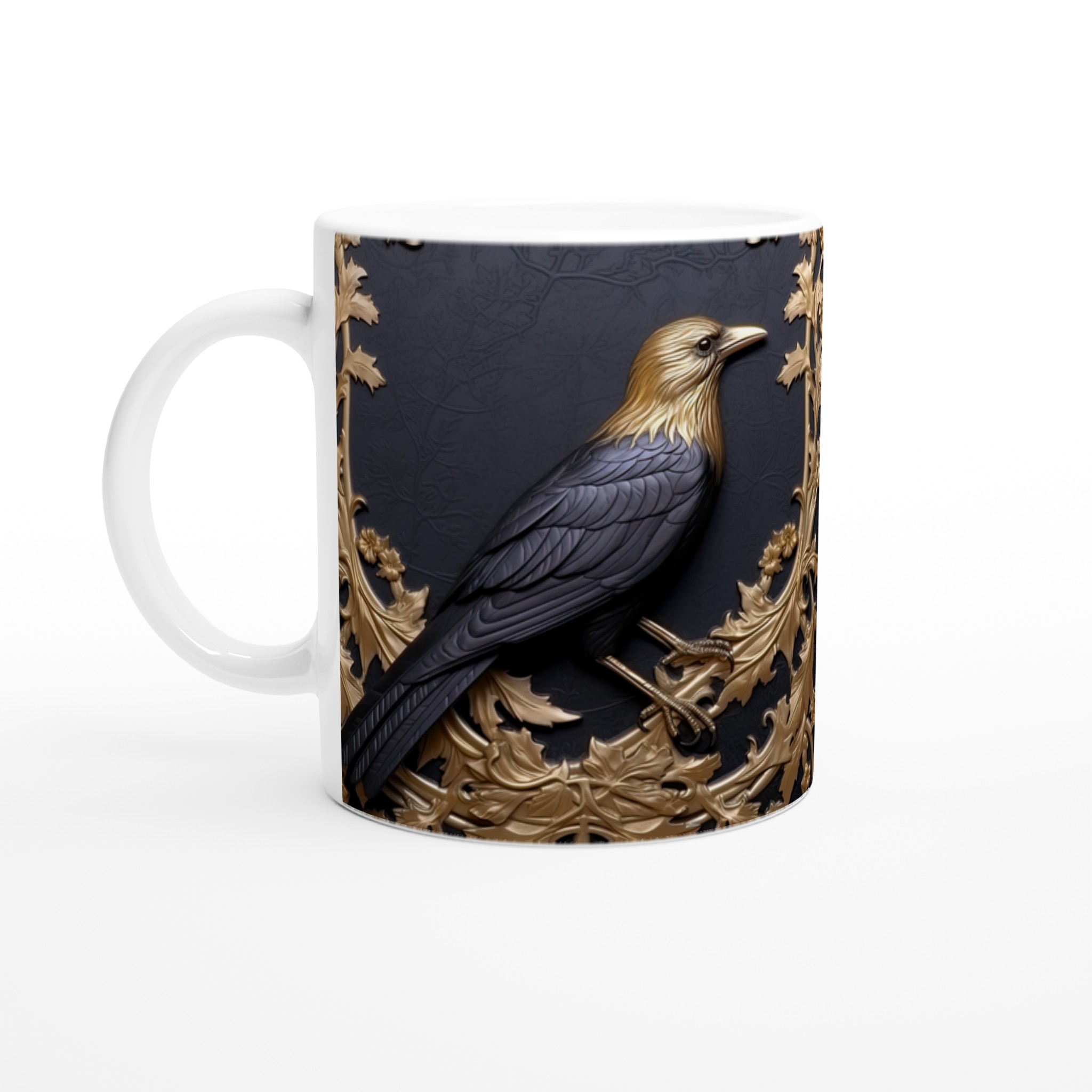 Elegant Vit 11oz keramisk mugg med konstnärligt fågelsmotiv och glansig finish 1 788f9fa9-1f08-43ec-8370-a6071f2422c1