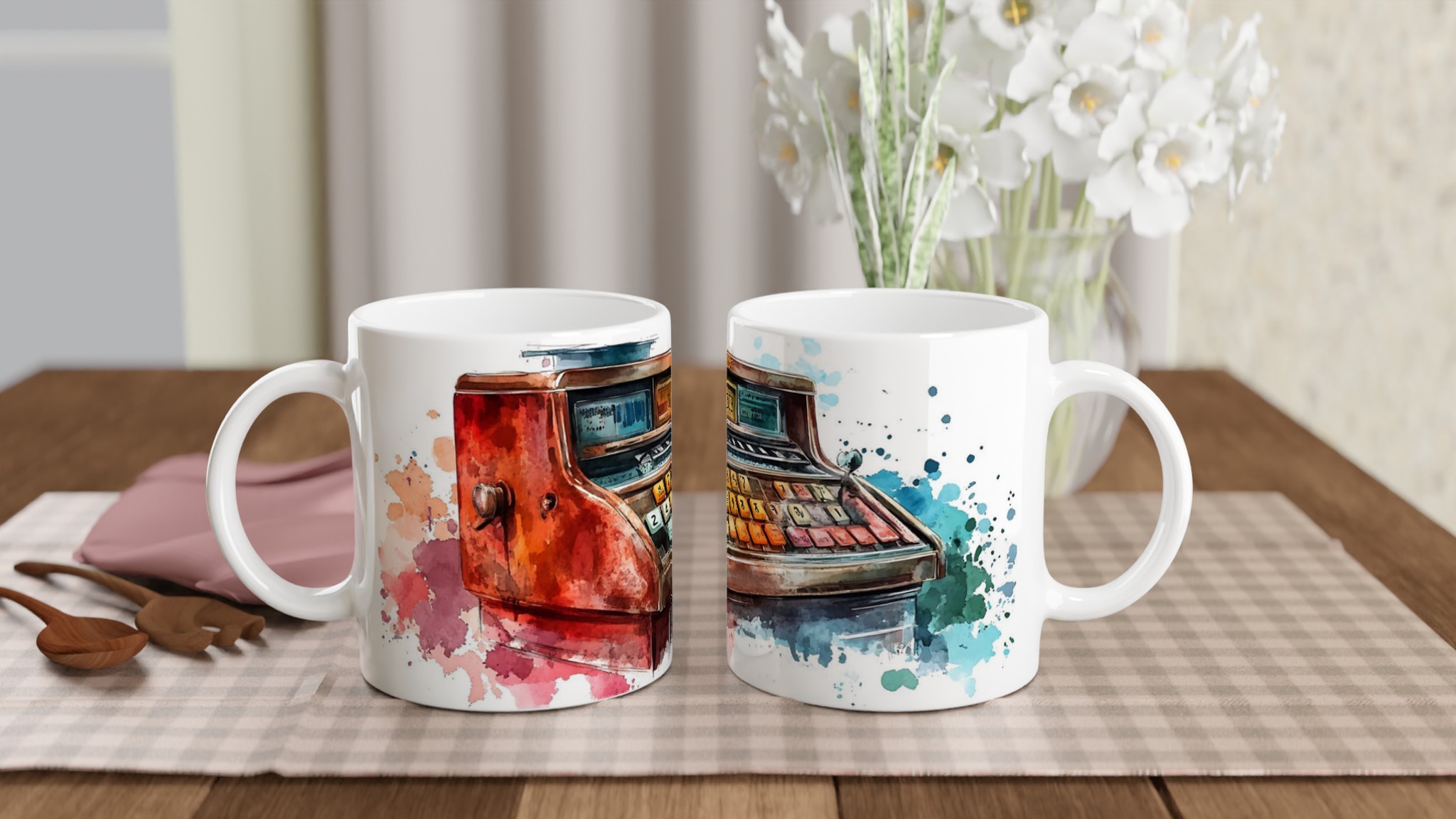 Retro Kassaapparat Keramisk Mugg – Nostalgisk Akvarellstil i 7 Färger 10 78b0512f-ed35-46a1-a0ac-83e292f2c06a