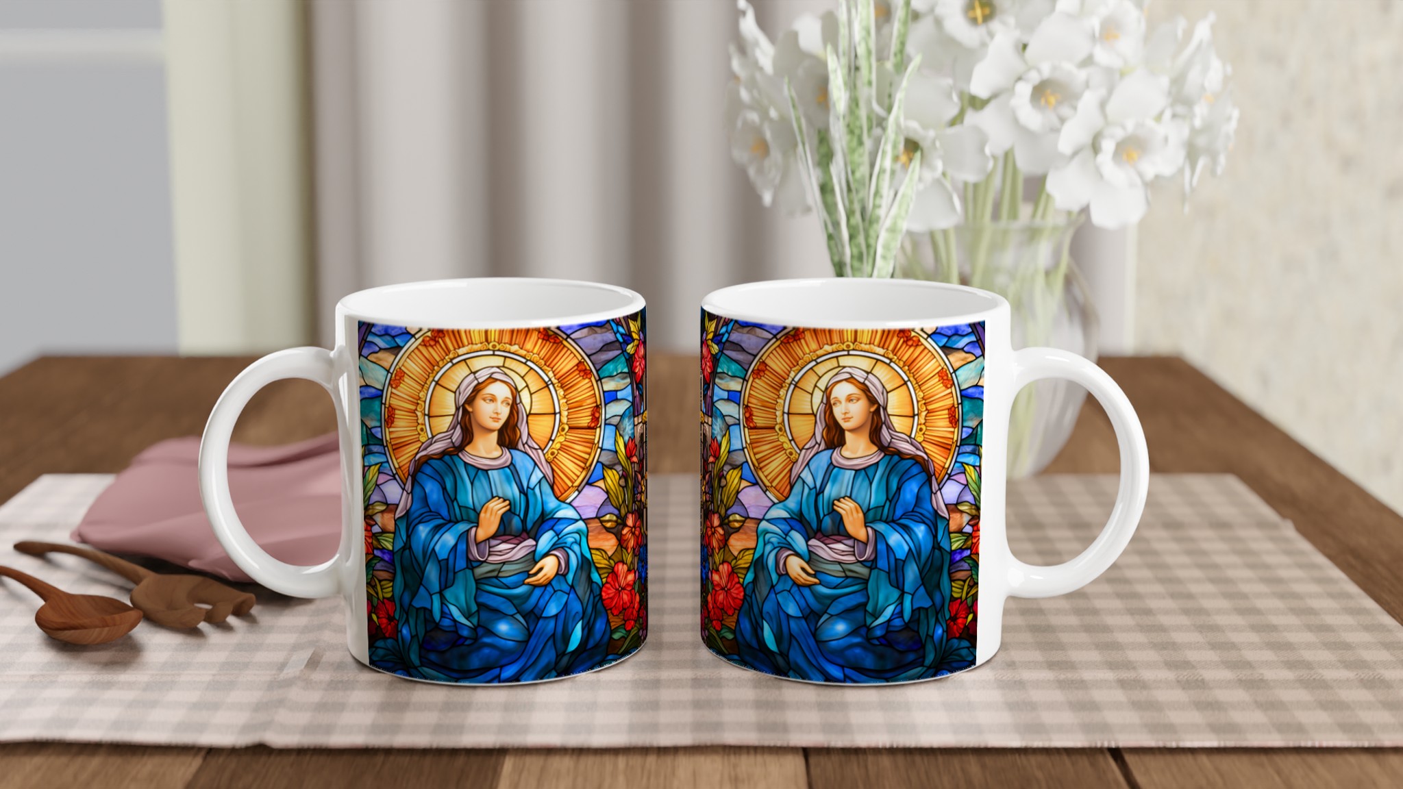 Mångfärgad Glasmålning Jungfru Maria Keramisk Mugg – Inspirerande Konst för Kaffeälskaren 10 78fabc2c-a450-4ef7-b51c-89b74a89ff25