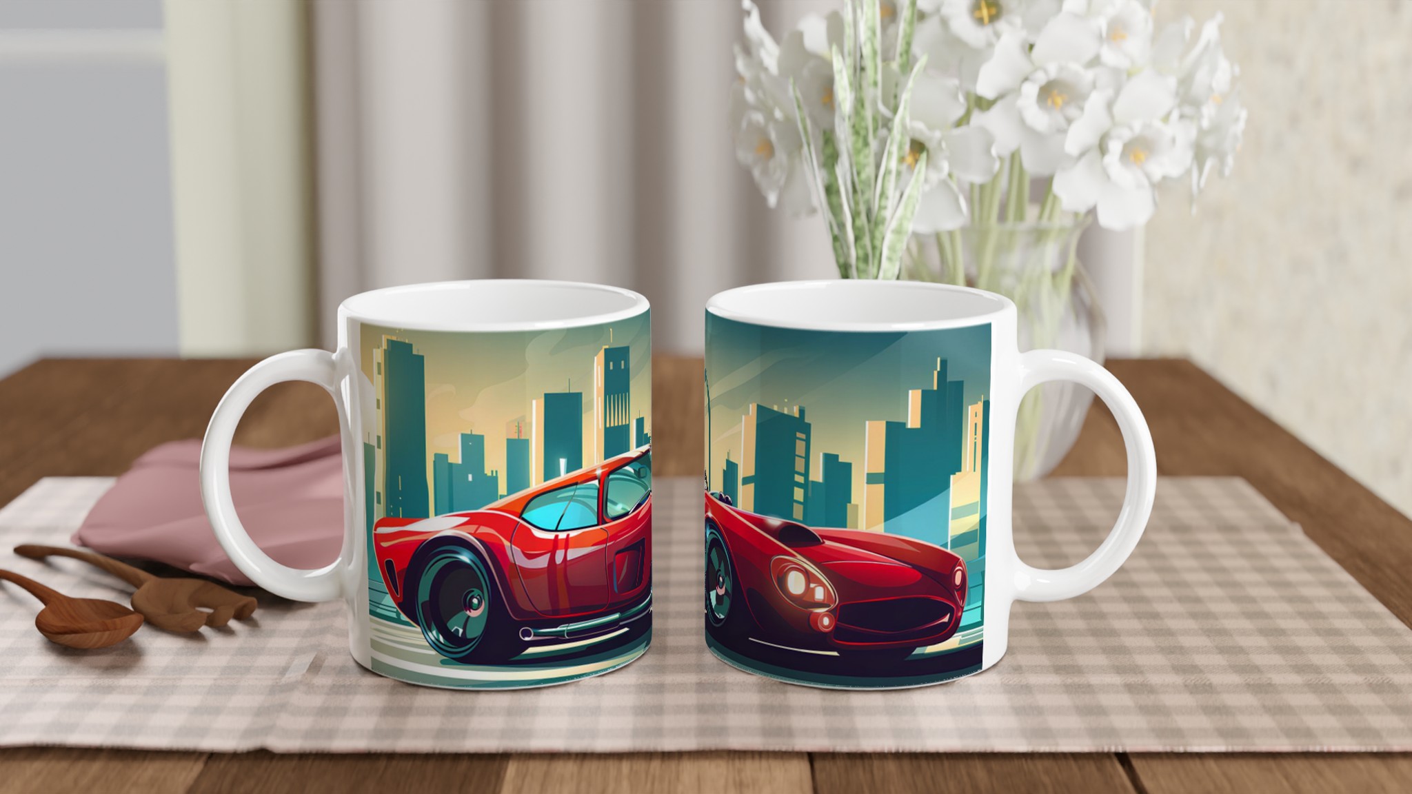 Red Racing Car Stadsbild Kaffemugg - Retro Sportbil Keramikmugg, 11oz 10 7a1682f1-f80f-4263-a7ea-737553ee8b98