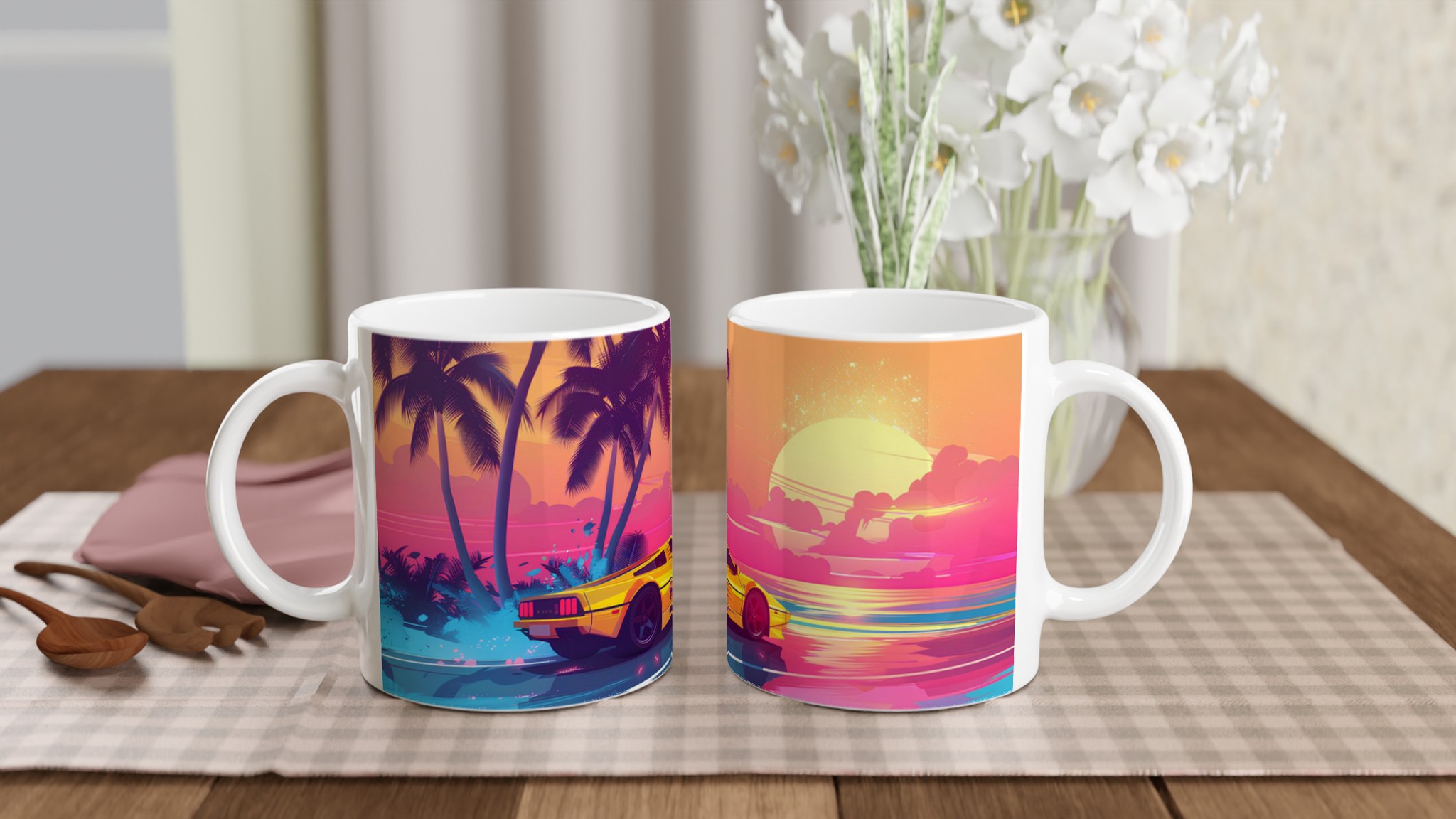 Neon Sunset Retro Sportbil Mugg – 80-tals Estetik i Vit Keramik, Välj Din Färg! 10 7d3ad2a3-c183-4214-9365-4cecfc64d299