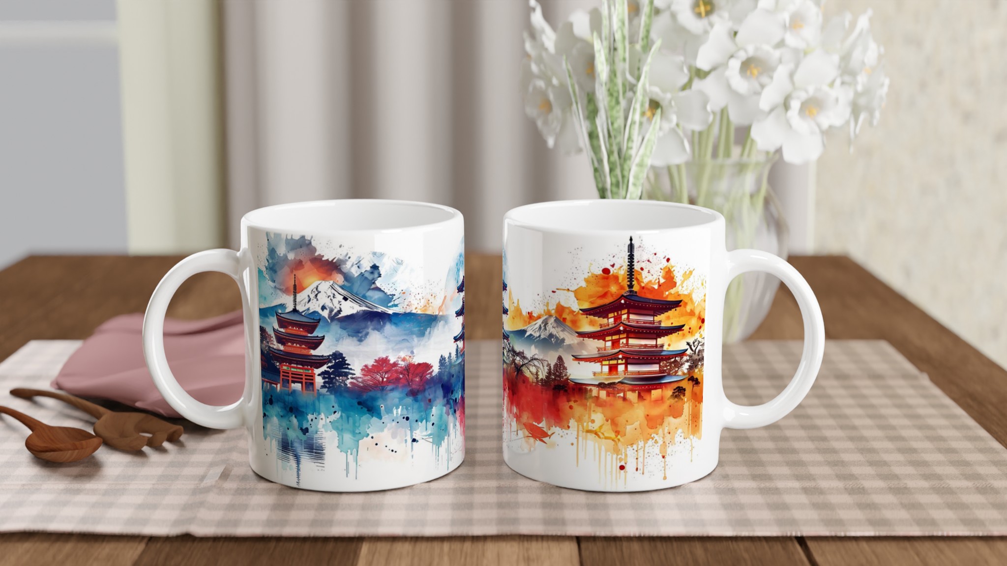 Japansk Akvarell Konst Mugg - Livfull Pagoda & Berg Design 11oz Keramisk Mugg 10 7e695d48-af4e-4492-83e1-54d96c6af4ce