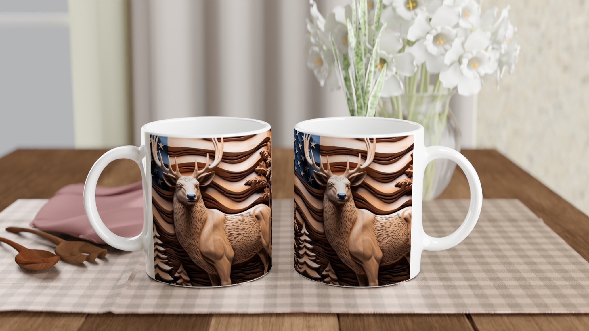 Jaktinspirerad Keramikmugg - Skogsdesign med Rådjur & Amerikanska Flaggan i Träsnittsstil, Välj din färg! 10 7fffa2a3-1938-419c-95cd-992c3e700e99