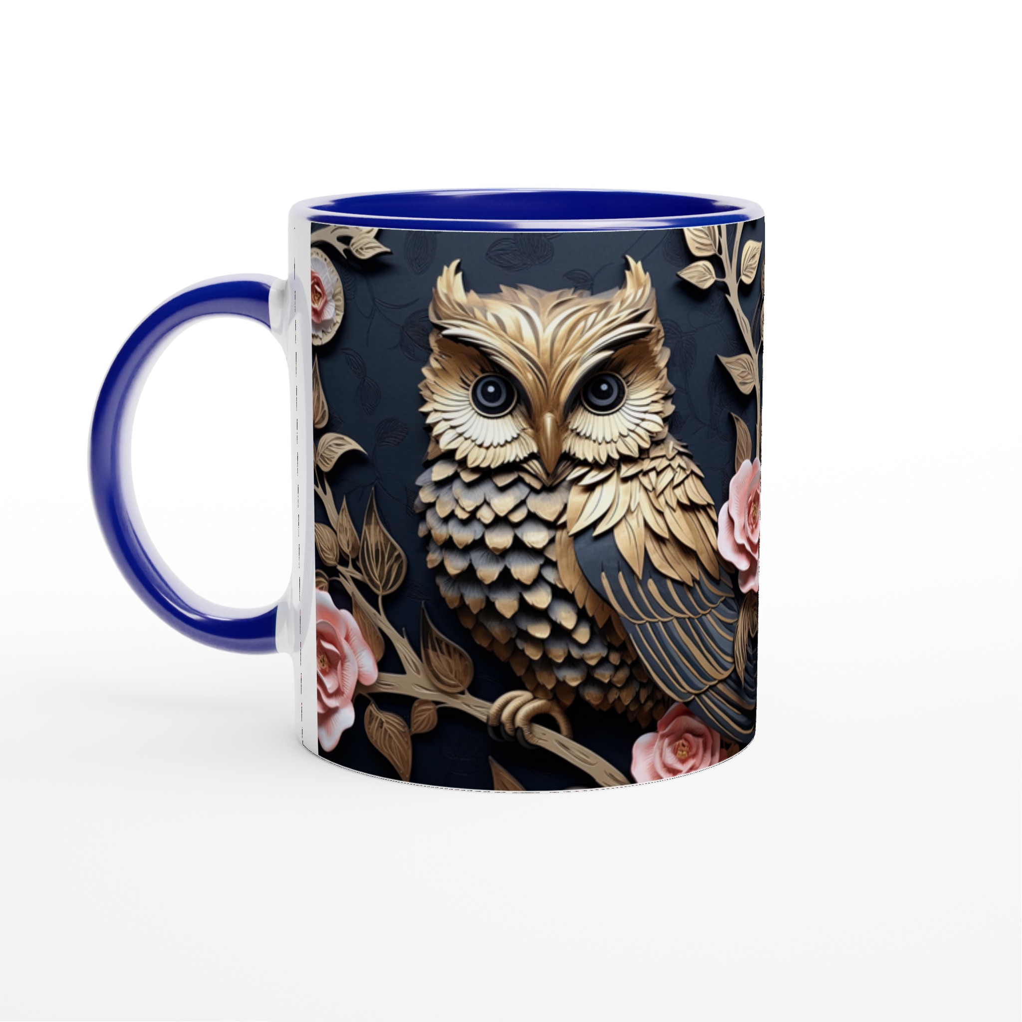 Vit 11oz keramisk mugg med elegant ugglemotiv och rosa blomsterdetaljer – välj din färg 4 80c801ab-4a59-48d6-ab00-ab74d293d61f