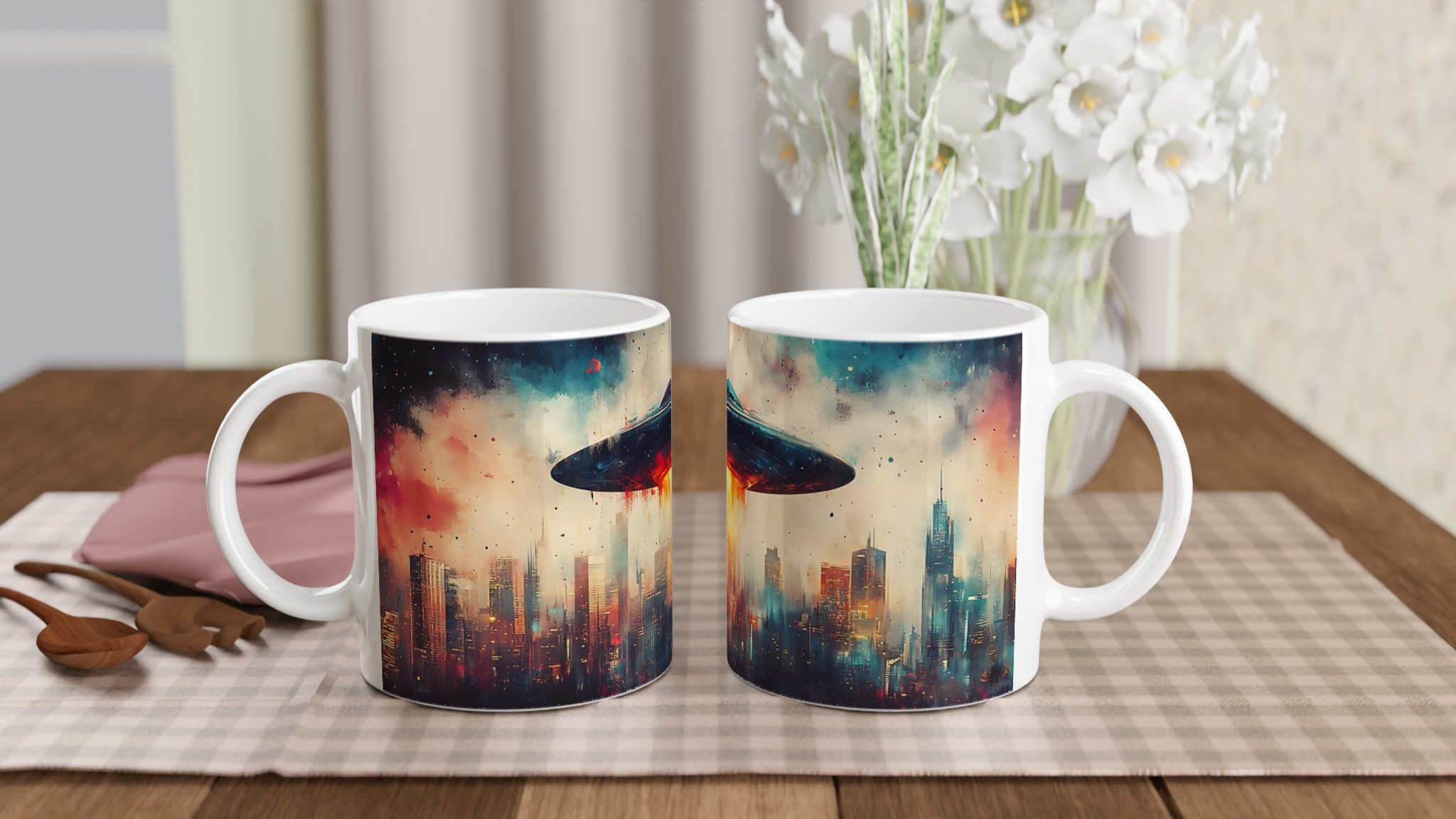 UFO Stadsinvasion Konst Mugg – Livfull Sci-Fi Design i Din Valfria Keramiska Färg 10 8233b4bc-af86-457d-9087-c4bba046ba33