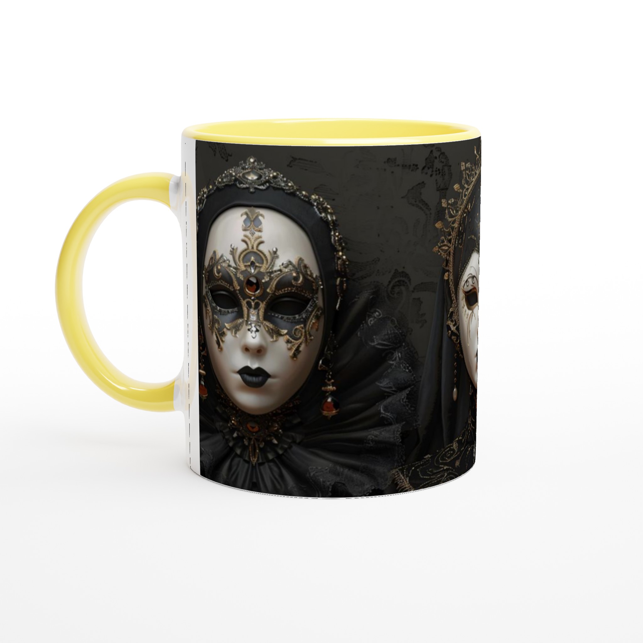 Vit 11oz keramisk mugg med dramatiskt venetianskt maskmotiv i elegant svart och guld 5 83c6791a-fc9f-4350-b0b5-88f33ec221a5