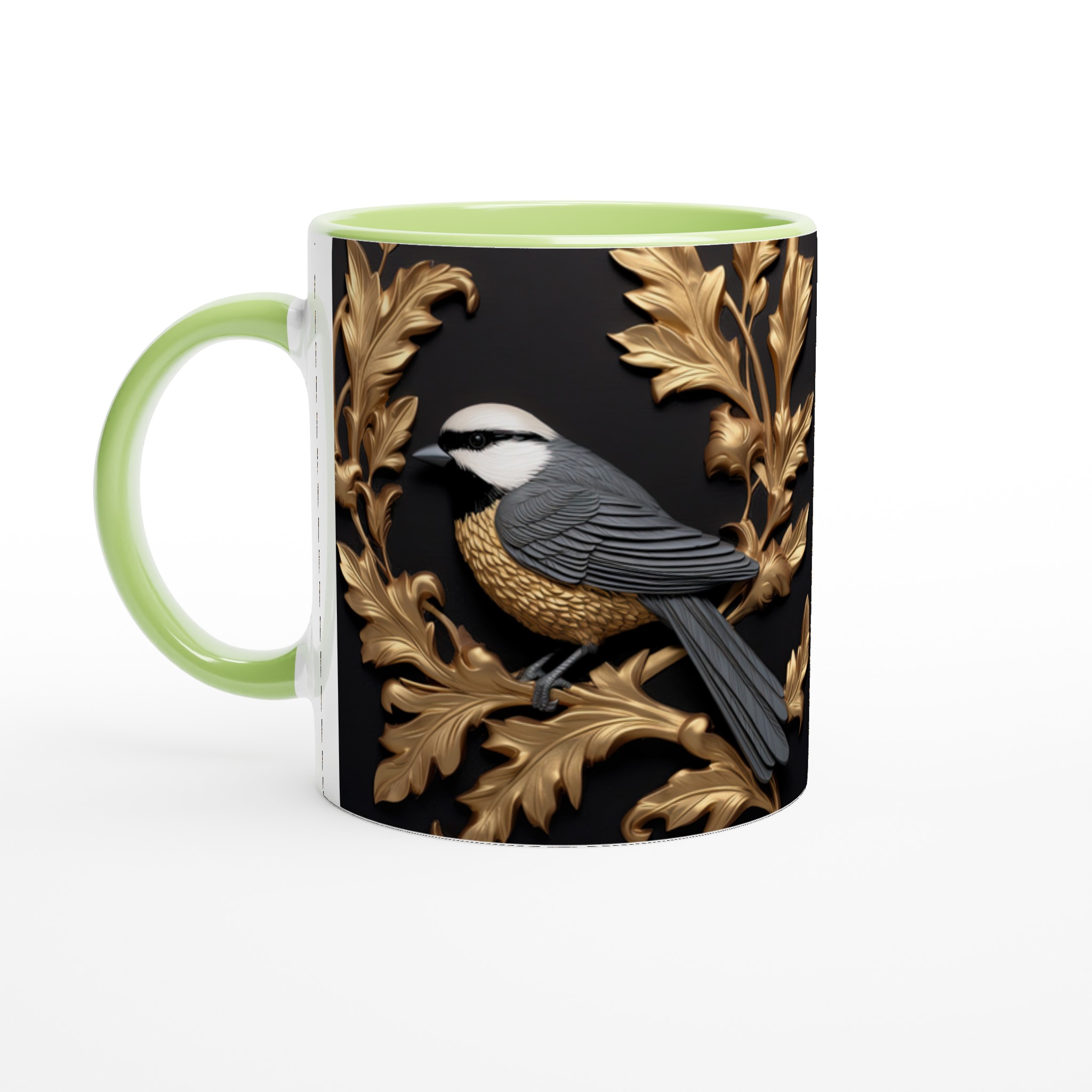 Vit 11oz keramisk mugg med elegant fågel- och lövdesign i guld och grått – välj din favoritfärg 3 84ae9a07-fcd2-489a-80da-eeec94660c2c