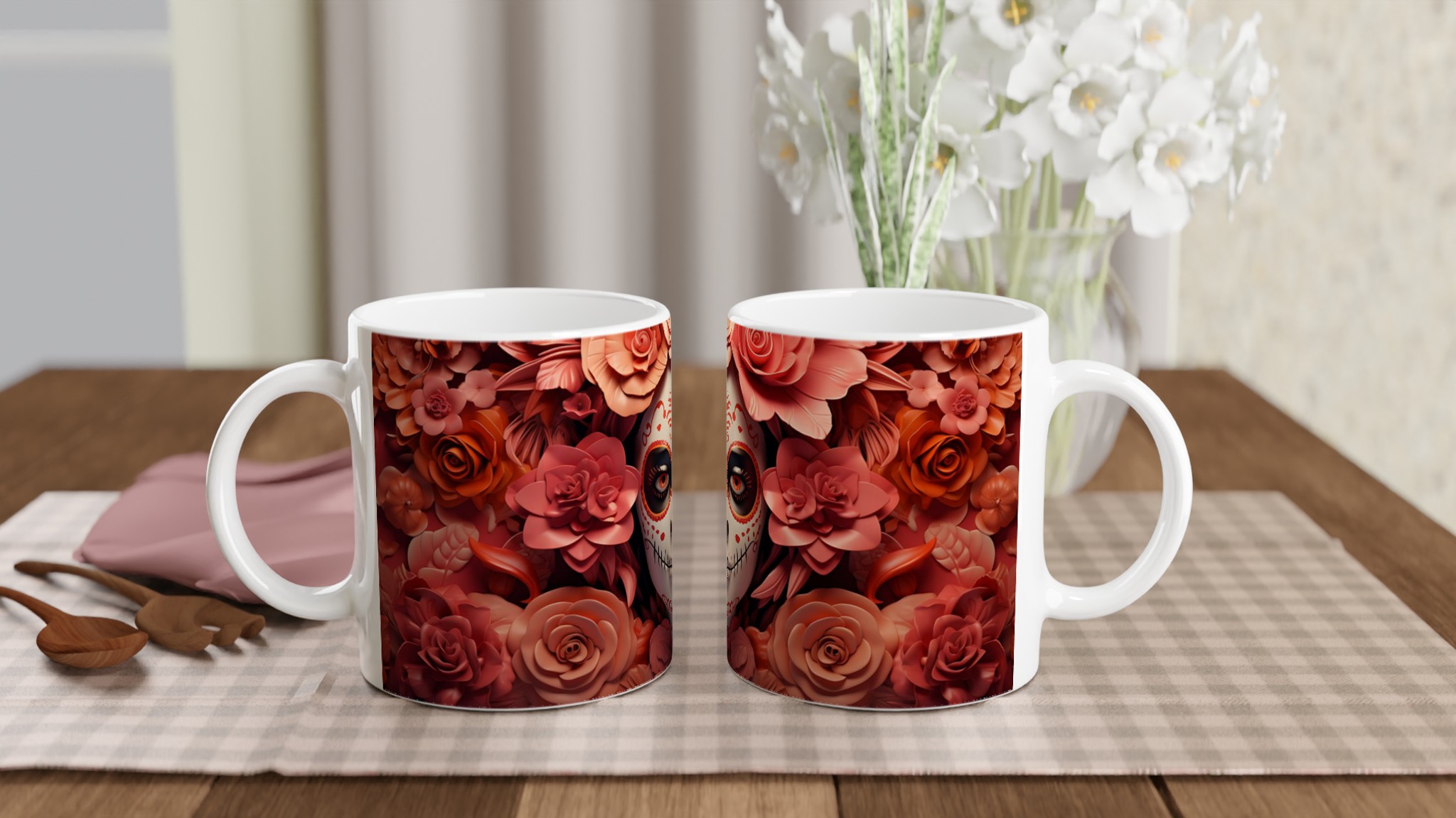 Dia de los Muertos Mugg – Färgstark Keramikmugg med Kalaca Tryck och Blomsterkrans 10 8725f434-3882-4804-8fef-563b05eed361