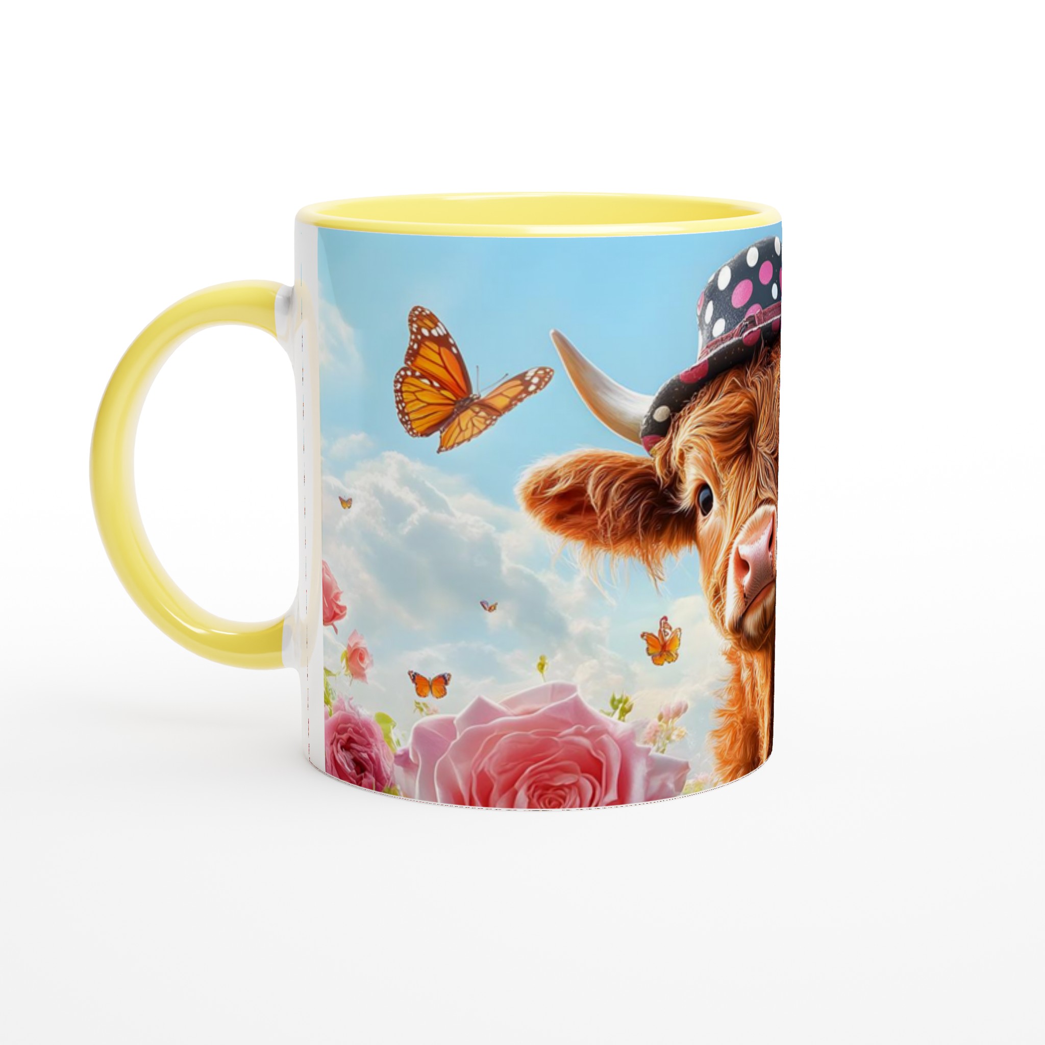 Charmig Highland Ko Mugg - Söt Djurdesign med Rosa Rosor och Fjärilar, i Ditt Val av Keramiska Färger 5 903a53c9-854b-4361-957a-68fdb104b9a5