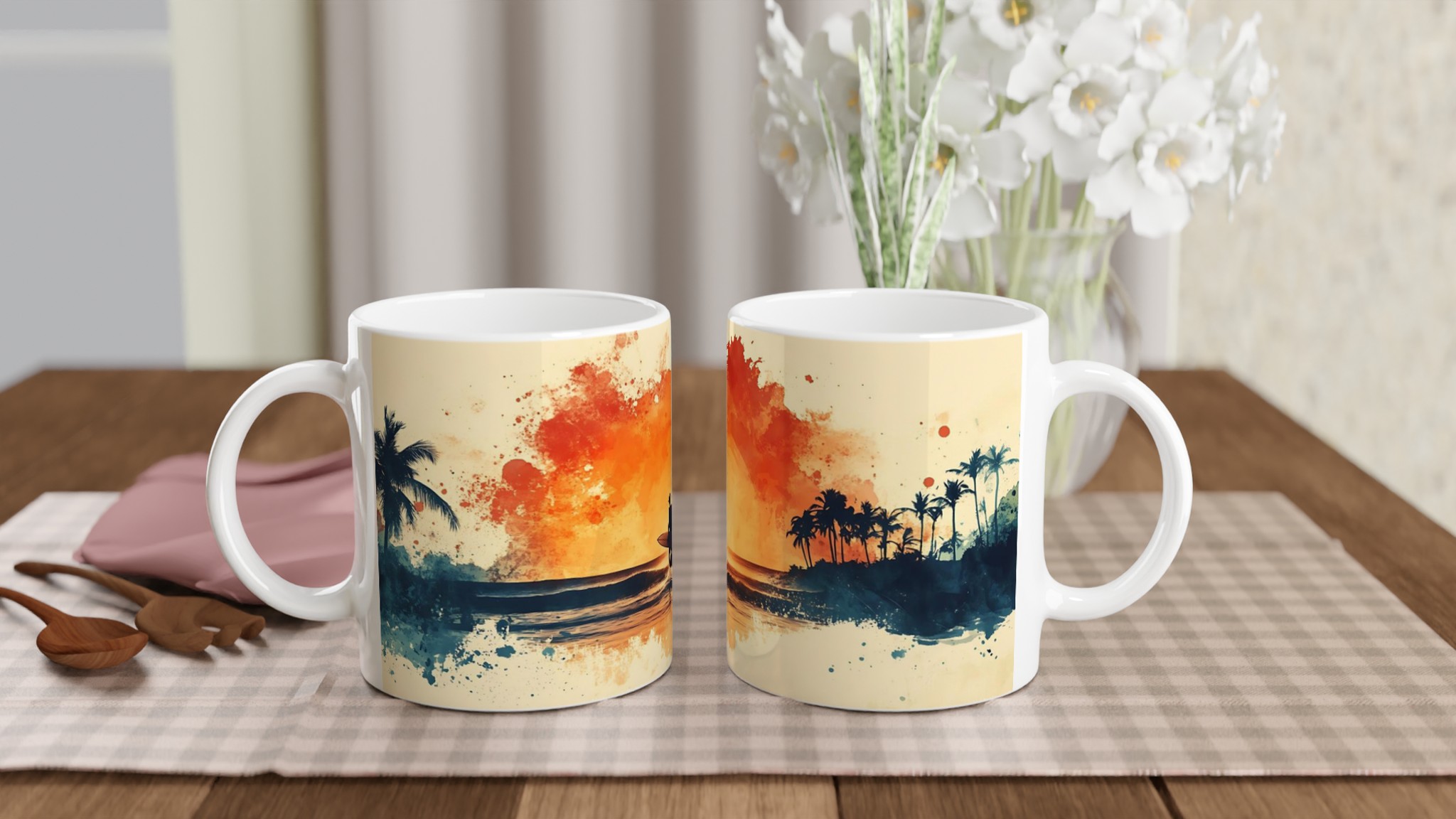 Tropisk Solnedgång Keramikmugg - 11oz Konstnärlig Surfmotiv i Vattenfärg, Välj Bland 7 Levande Färger! 10 95bb11cb-c7bb-4c72-b56d-41095481b892