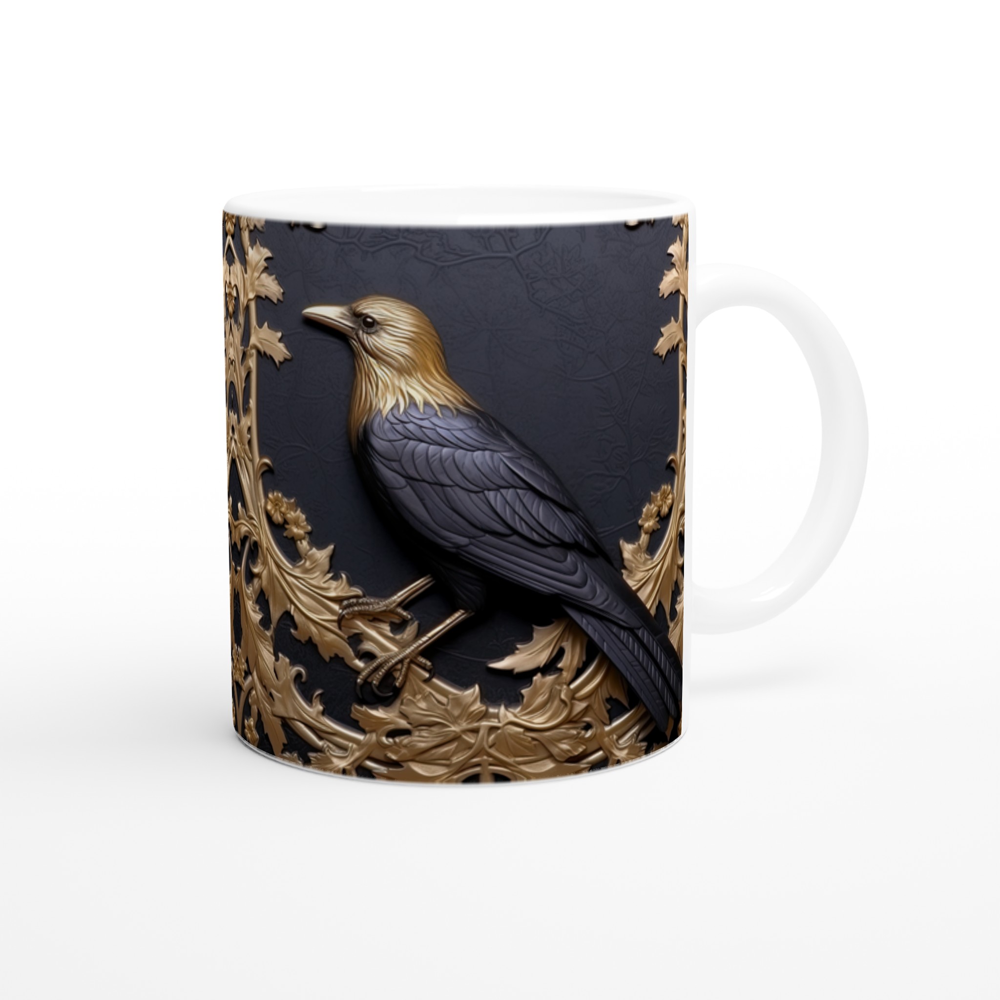 Elegant Vit 11oz keramisk mugg med konstnärligt fågelsmotiv och glansig finish 9 970cb808-f975-4473-8947-feed73341631