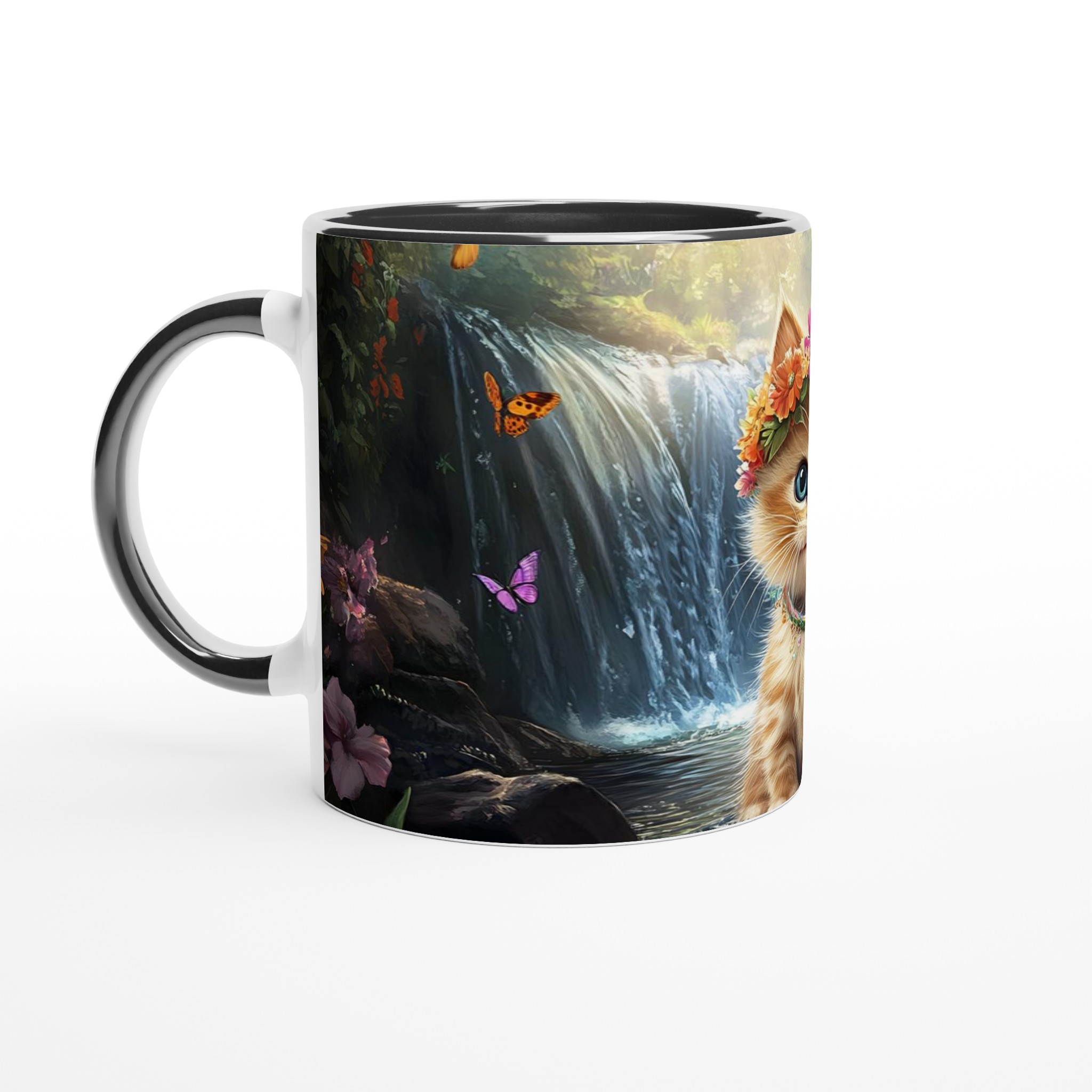 Söt kattunge med blomsterkrans – 11 oz keramisk mugg för kaffeälskare, välj din färg! 7 9814587b-b3aa-43f4-9e9b-4a75d9ba0421