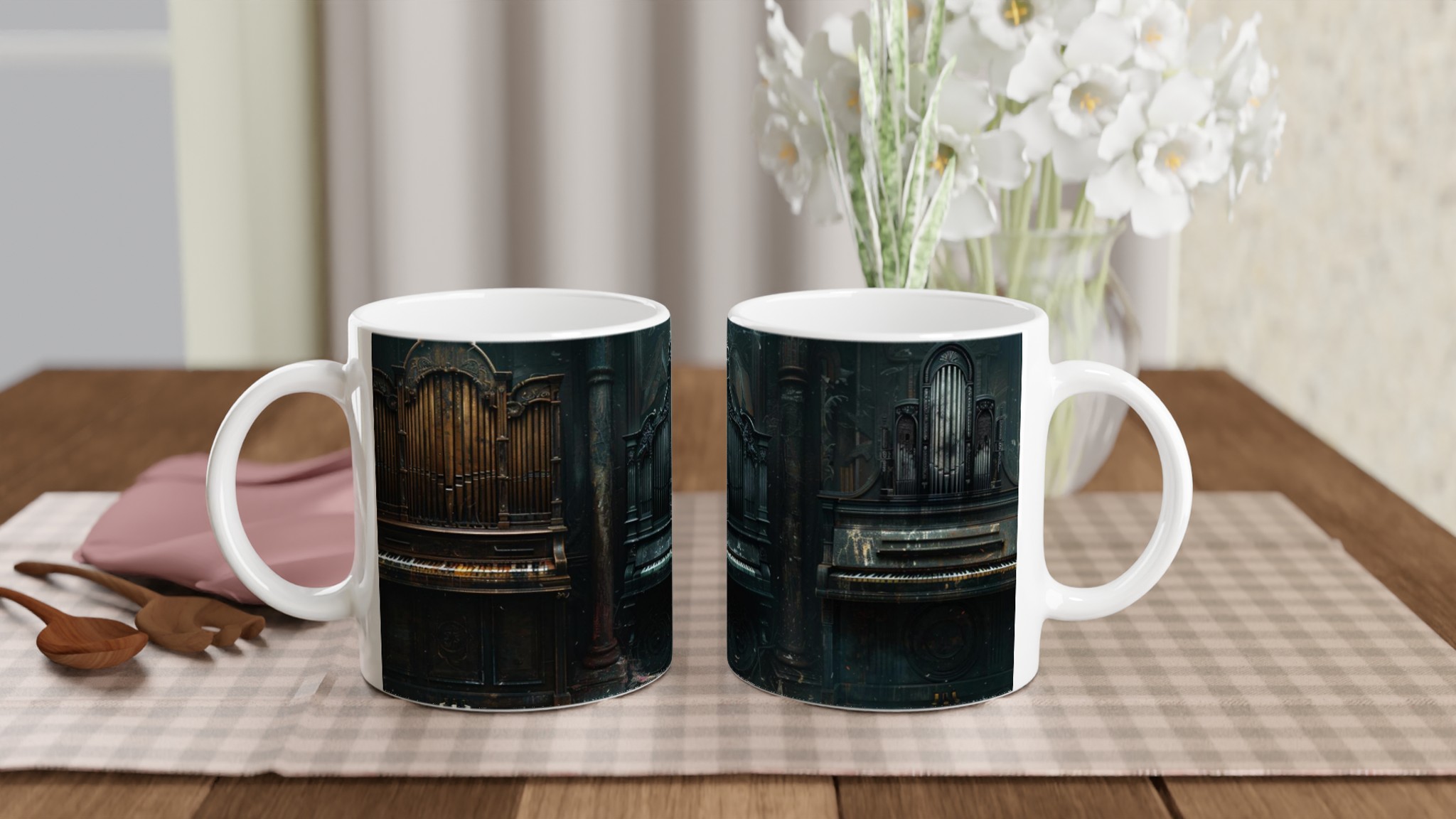 Vit 11oz Keramisk Mugg med Gotiskt Orgelmotiv i Tidlös Elegans 11 986b840c-0308-4267-8afc-f603bffe815d