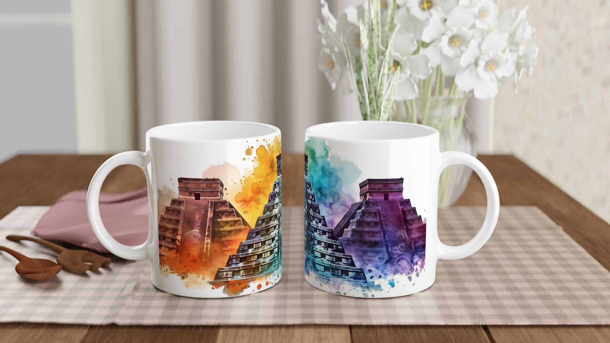 Mångfärgad Maya Pyramider 11oz Keramikmugg – Konstnärligt Vattenfärgsuttryck 10 98a519b5-0789-4edc-8a9e-c846ffaed656