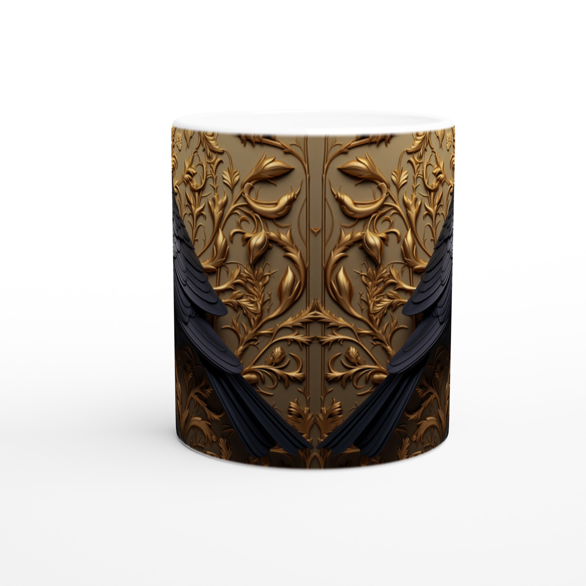 Vit 11oz keramisk mugg med elegant korpdesign i lyxig svart och guld 8 9912038c-4d5d-4192-acf3-3ab8ca708cdf