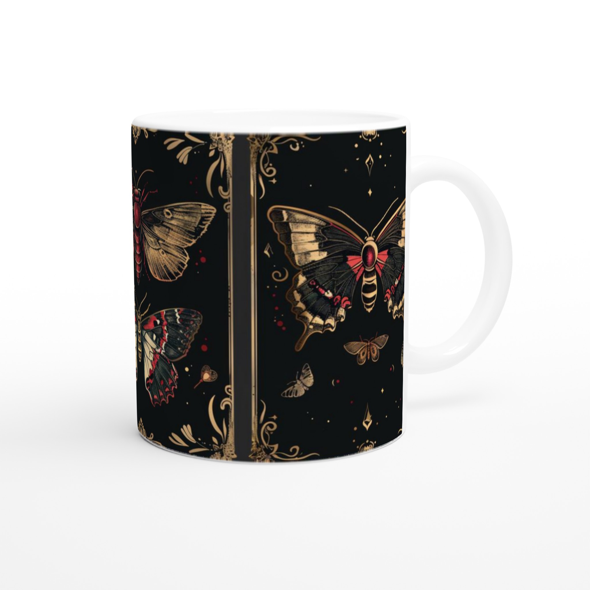 Mystiska Nattfjärilar Keramikmugg – Elegant Guld & Röd Design för Kaffe- och Teälskare, Välj Färg! 9 9c322f90-e2fb-44c6-a4d2-99603065dea0