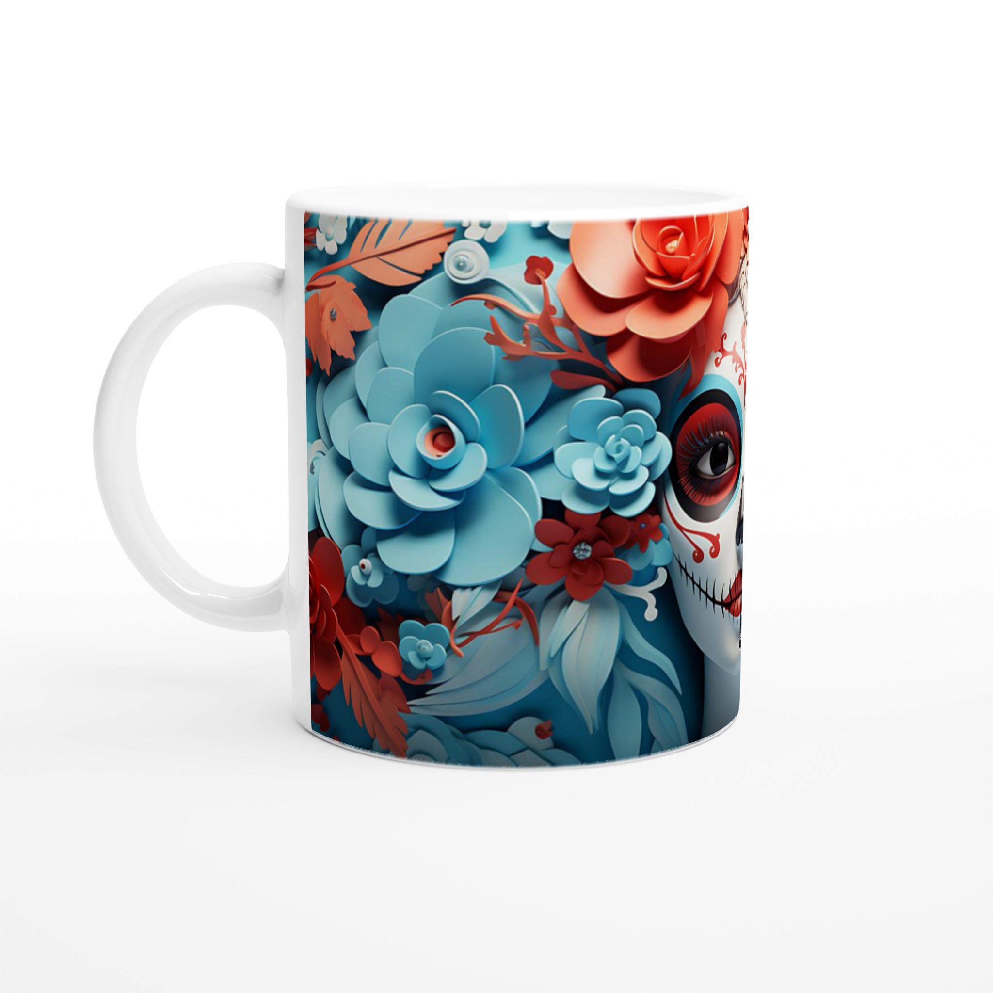Dia de los Muertos Sugar Skull Mugg - Livlig Design i Blått & Korall, 11oz Keramikmugg för Festliga Stunder 1 9dbae07d-8f27-4d32-87f5-f9507c58bd2d