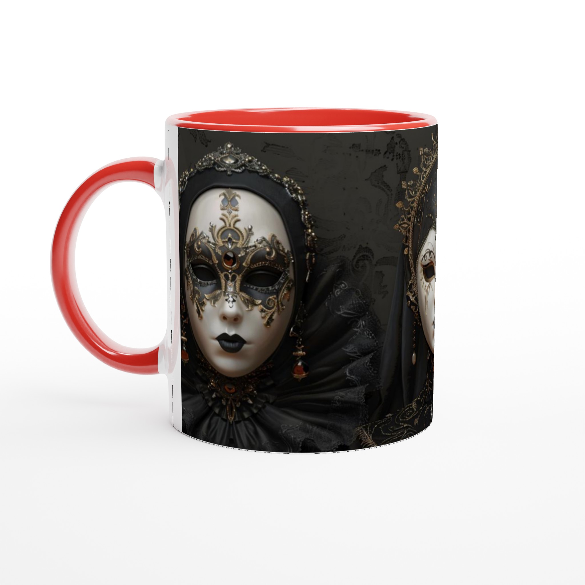 Vit 11oz keramisk mugg med dramatiskt venetianskt maskmotiv i elegant svart och guld 2 9e521d88-5b87-46d5-898d-241a2e9894da