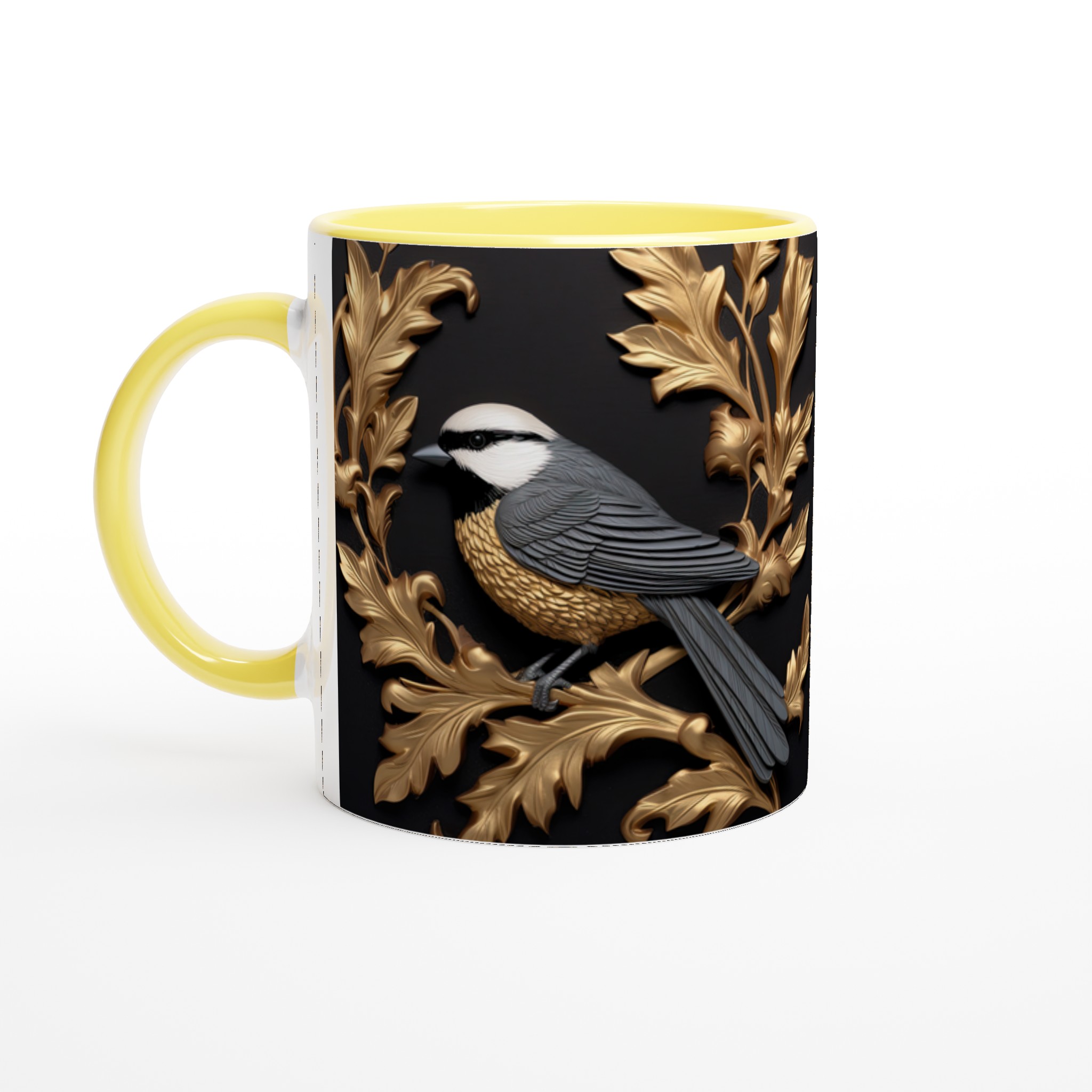 Vit 11oz keramisk mugg med elegant fågel- och lövdesign i guld och grått – välj din favoritfärg 5 a0fe98b5-f20b-4add-b729-2ba48273077c