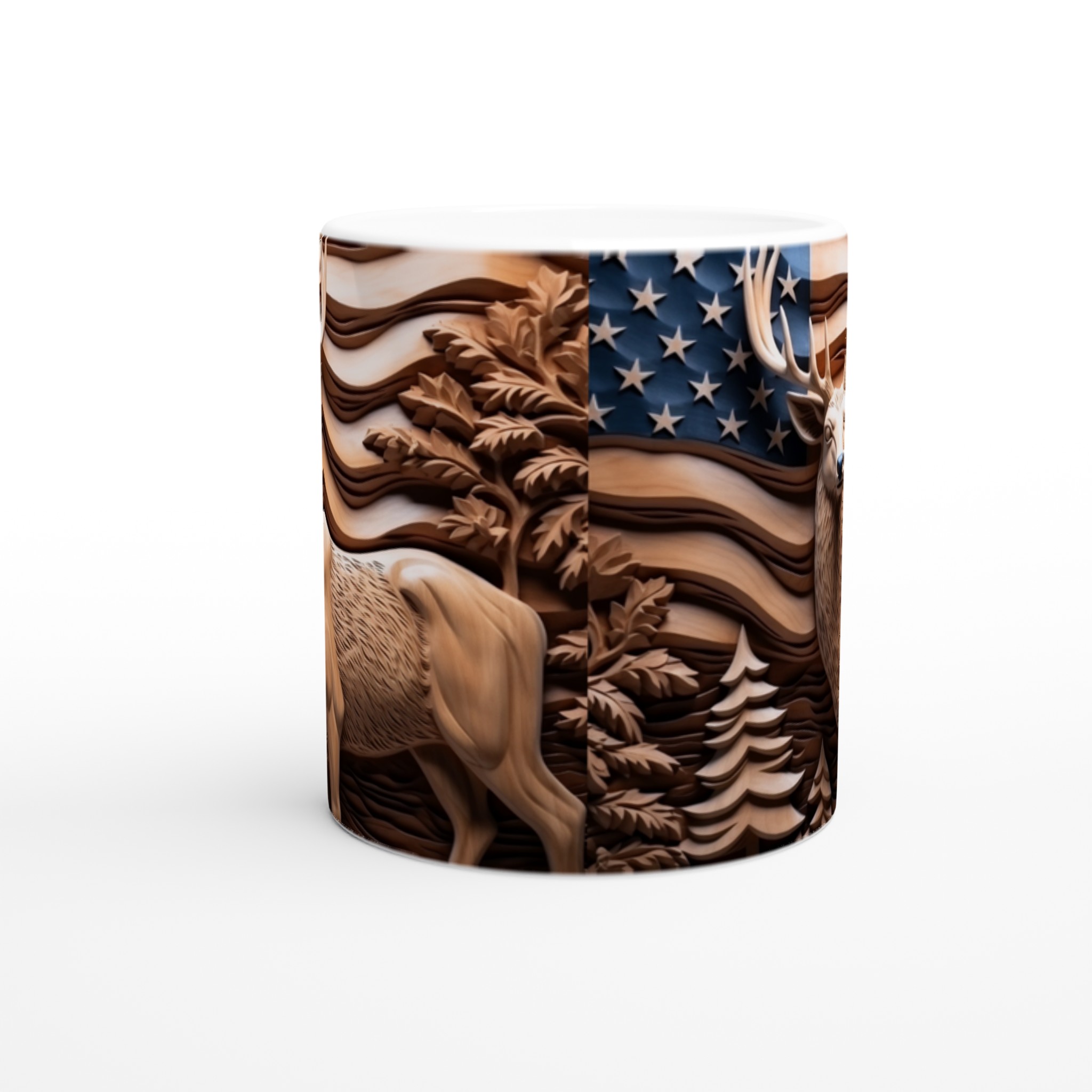 Jaktinspirerad Keramikmugg - Skogsdesign med Rådjur & Amerikanska Flaggan i Träsnittsstil, Välj din färg! 8 a19f9940-4470-46b7-b997-e518c18eaea2
